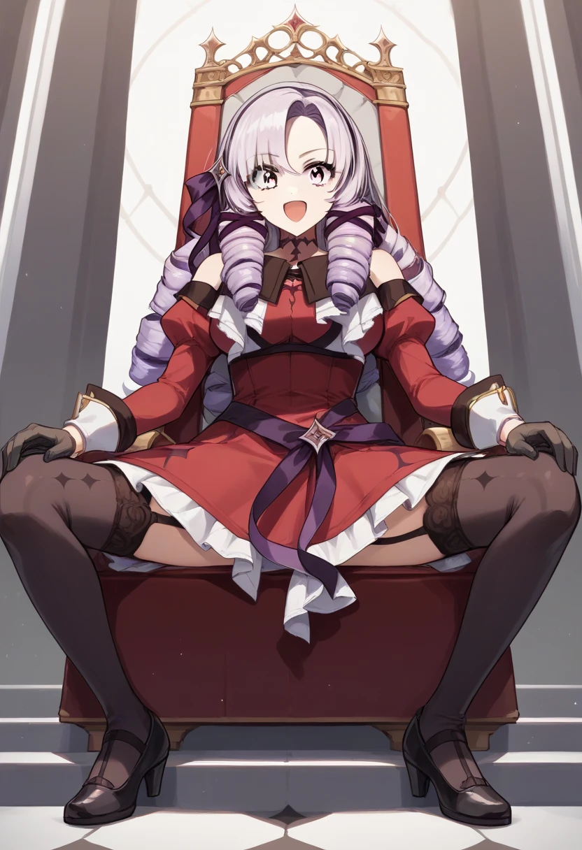 sitting,
squating,
looking down,
look at the viewer,
from below,(((Lace White Panties Skeleton))),(cameltoe),beautiful, (masterpiece:1.2), (Highest quality:1.2), Perfect Eyes, Perfect Face, Perfect lighting,One girl, Oily skin,masterpiece, Highest quality, High resolution, (Salome), Drill Hair, Parted bangs, hair band, ribbon, Purple eyes, Large Breasts, tattoo, ((Red tight dress made of cupra material)),mini skirt,Long sleeve, Bare shoulders, Black gloves, Cowboy Shot,Open your mouth,((headset)),Constricted eyes,),