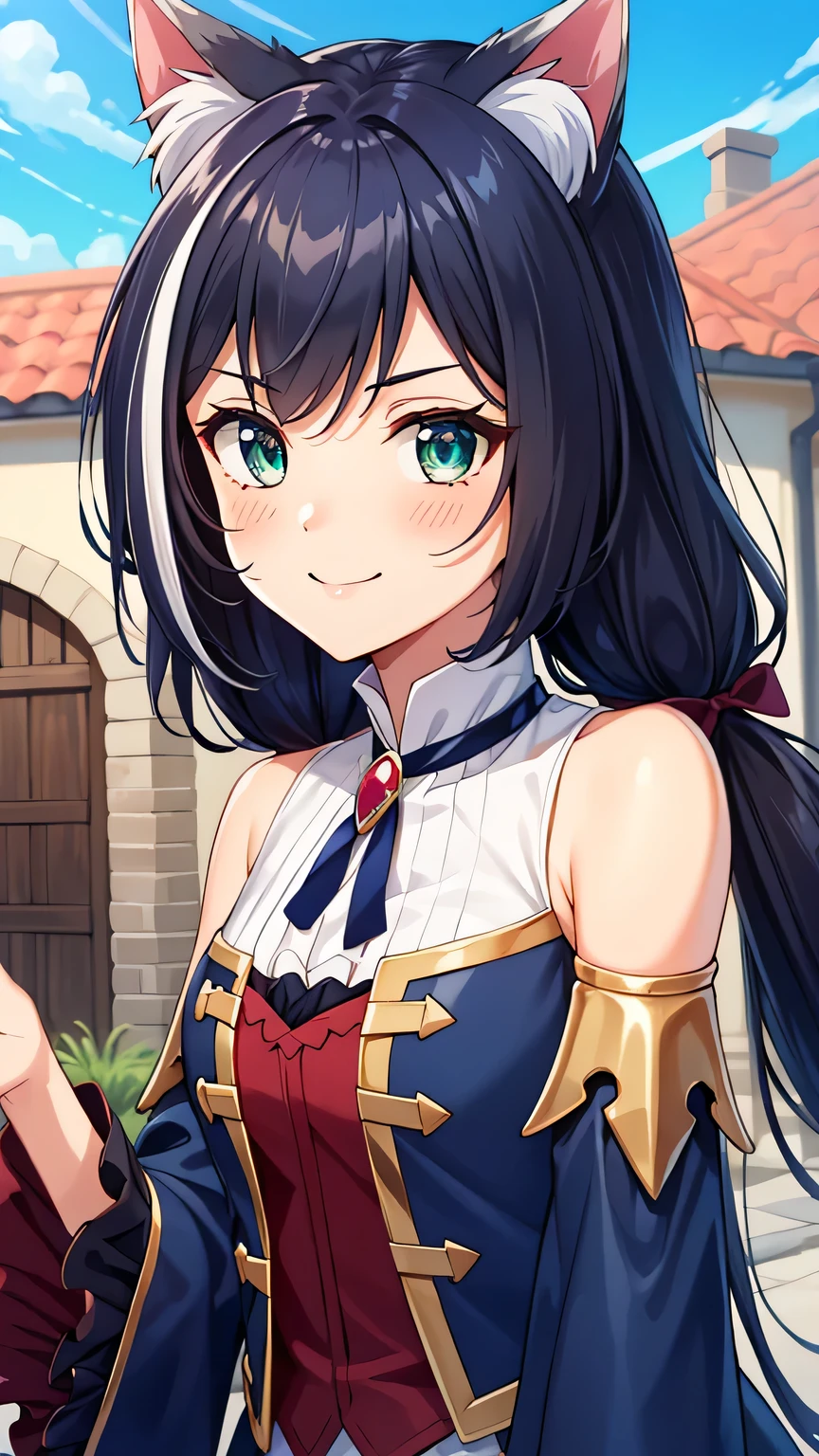 {{{masterpiece}}}, (best quality:1.5), (ultra-detailed:1.5), {illustration}, {{an extremely delicate and beautiful}}, (beautiful detailed eyes:1.6), absurdres, highres, extremely detailed face, 16k, hd, visual anime de uma jovem mulher, extremamente bonito rosto de anime, anime melhor garota, (perfect hands, perfect anatomy), anime face, Karyl(priconne), 1girl, solo, cute face, (karyldefault:1.3), animal ear, black hair, long hair, low twintails, purple hair bow, multicolored hair, streaked hair, vertical stripes, white hair, cat ears, cat girl, cat tail, green eyes, medium breasts, BREAK, Tailcoat, (Navy Blue jacket:1.5), Long hem, arm support, bare shoulders, (Navy Blue sleeves:1.5), red bustier, black ribbon(red brooch), detached sleeves, dress, frilled sleeves, wide sleeves, neck ribbon, sleeveless, sleeveless dress, wallet chain(red gem), purple frilled skirt, white pannier, BREAK, smiling, flushed cheeks, (portrait:1.5), outdoor, Medieval Europe, daytime, building, (cute gestures:1.2), medium close-up shot