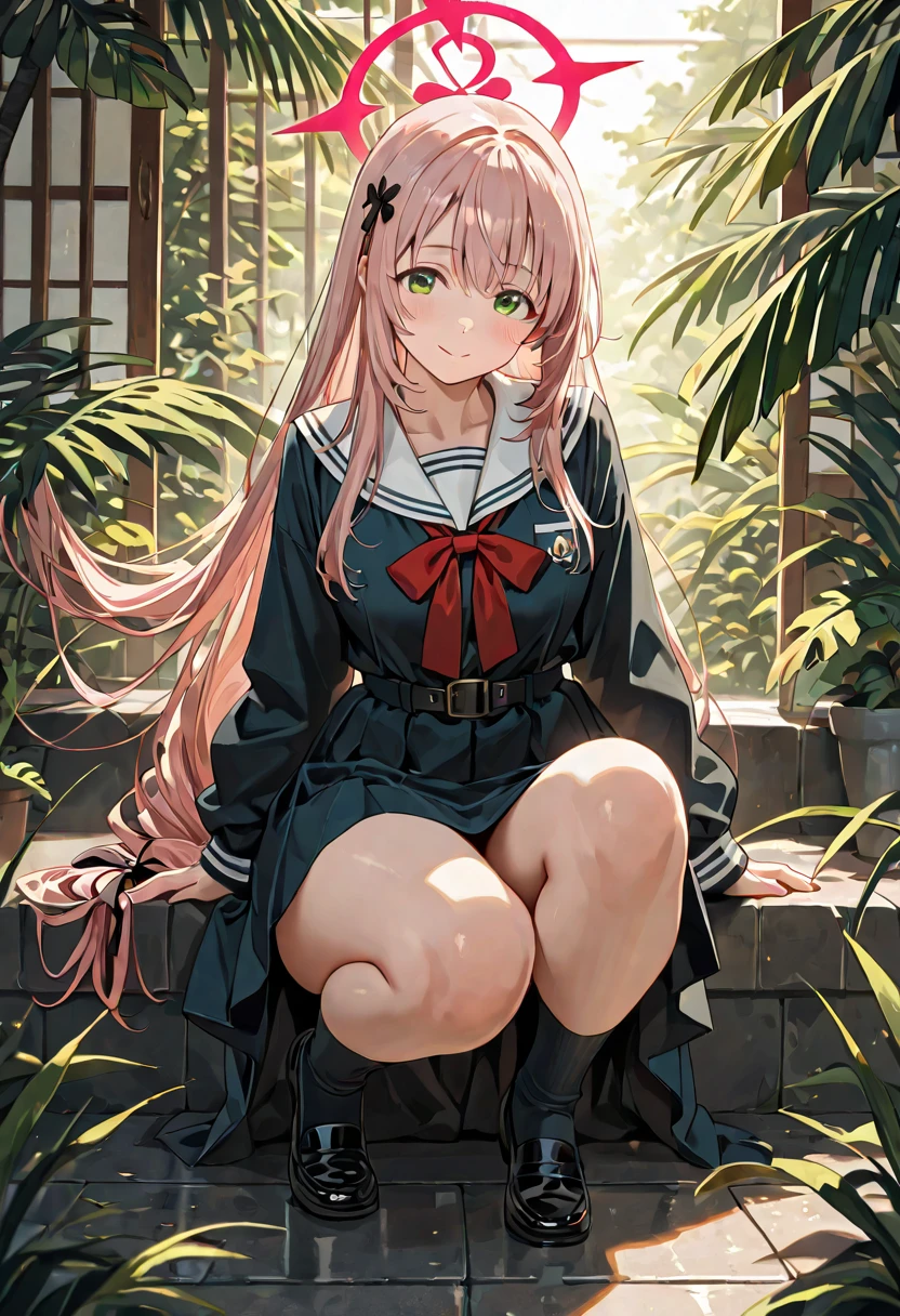 Girl with pink hair, long twintail hairstyle, ((small bushy eyebrows)), wearing gothic lolita clothing, lolicon , walking to school, flirty smile,, bored look, bored face,, (sitting with legs open lifting her skirt to show her vagina wet with semen) , male pov, looking from above view