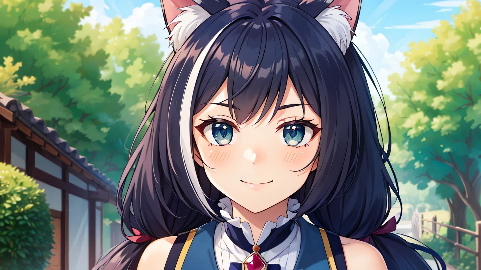 {{{masterpiece}}}, (best quality:1.5), (ultra-detailed:1.5), {illustration}, {{an extremely delicate and beautiful}}, (beautiful detailed eyes:1.6), absurdres, highres, extremely detailed face, 16k, hd, visual anime de uma jovem mulher, extremamente bonito rosto de anime, anime melhor garota, (perfect hands, perfect anatomy), anime face, Karyl(priconne), 1girl, solo, cute face, (karyldefault:1.3), animal ear, black hair, long hair, low twintails, purple hair bow, multicolored hair, streaked hair, vertical stripes, white hair, cat ears, cat girl, cat tail, green eyes, medium breasts, BREAK, Tailcoat, (Navy Blue jacket:1.5), Long hem, arm support, bare shoulders, (Navy Blue sleeves:1.5), red bustier, black ribbon(red brooch), detached sleeves, dress, frilled sleeves, wide sleeves, neck ribbon, sleeveless, sleeveless dress, wallet chain(red gem), purple frilled skirt, white pannier, BREAK, smiling, flushed cheeks, (portrait:1.5), outdoor, Medieval Europe, daytime, building, (cute gestures:1.2), medium close-up shot