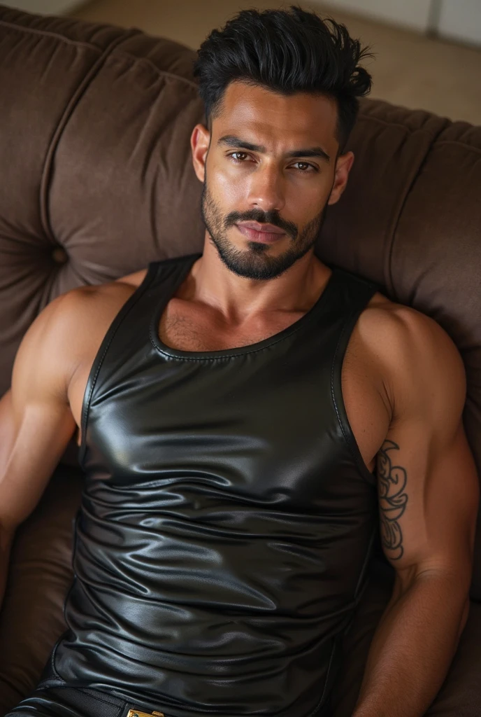 30 ans, Jason Dérulo, cheveux longs, costume en latex brillant clouté ,Papa était assis sur le canapé,k hd,dans le bureau,"gros muscle", gay ,cheveux noirs, masculin,Homme fort,the boss is beau, ,des gants de cuir, papa lubrique,Regardez droit devant,"dad is beau","papa gay","beau", barbe de chèvre