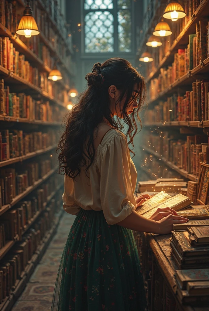 vintage bookstore, magical atmosphere, girl chooses books, realistic, girl standing with her back to the viewer, A girl of about 20 years old, add book magic