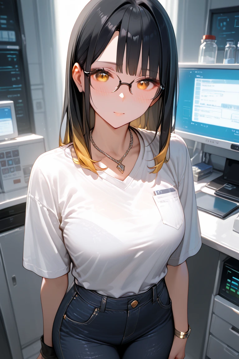 Areola,naked,nude,topless,Arms crossed,Black Hair,Black-rimmed glasses,Japanese,Square Glasses,Operate a computer with a flow chart displayed,girl,Nipples,上半身naked,Areola,Armpit,Small breasts,Beige chinos,No clothes,Bobcut,Gold Necklace,Leather Belt,Left hand watch,clavicle,Areola