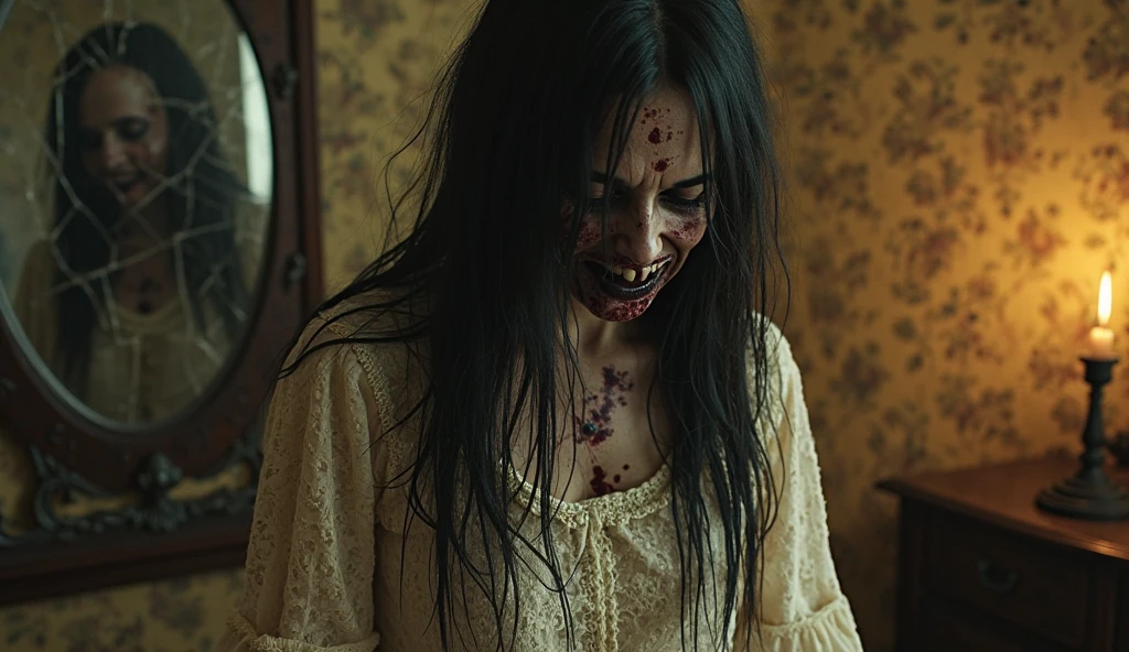 (masterpiece, best quality:1.2), horror scene, knife, dark rooms, glowing eyes, girl