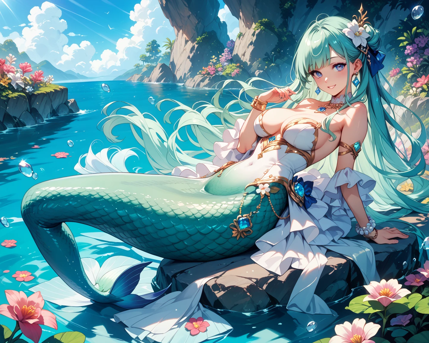 1 mermaid, beautiful tail, in the fish tank, full breasts, exposed side breasts, tail splashing