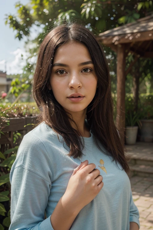 obra de arte, melhor qualidade, cinematic photo of 18 year old model [[[[decote em close]]]], [[[[boobgasmo]]]], [[[[colar]]]], [[[[ombros]]]], olhos perfeitos, Perfect iris，perfect lips，dentes perfeitos，Pele perfeita，com pele clara，luz frontal suave，HDR，Garota do cinema，cabelo loiro，Cabelo loiro puro，Casual，The background is outdoors，Green trees and flowers，（cor pastel：1.2）, fotografia, film, high resolution,corpo inteiro,e sonriza brillante