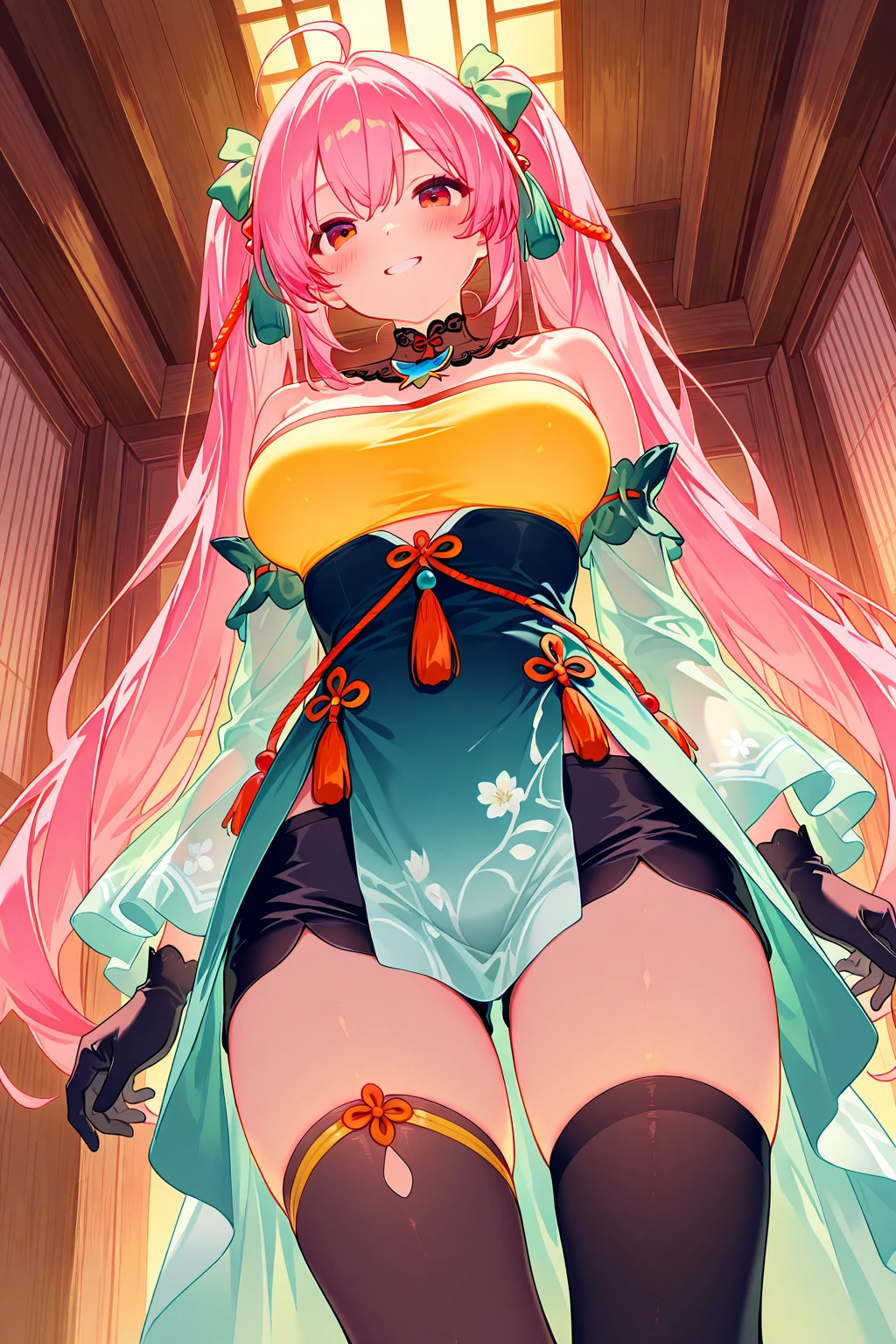 Full body like,Coral Palace Heart Sea,long pink hair,Blue hair ends dyed,nipple tassels,folds,folds,folds,Shock force,Bare back,Disdainful expression,Coral Palace Heart Sea,((Black heels)),RGB strip light,The background is the deep sea,water glow,Waves