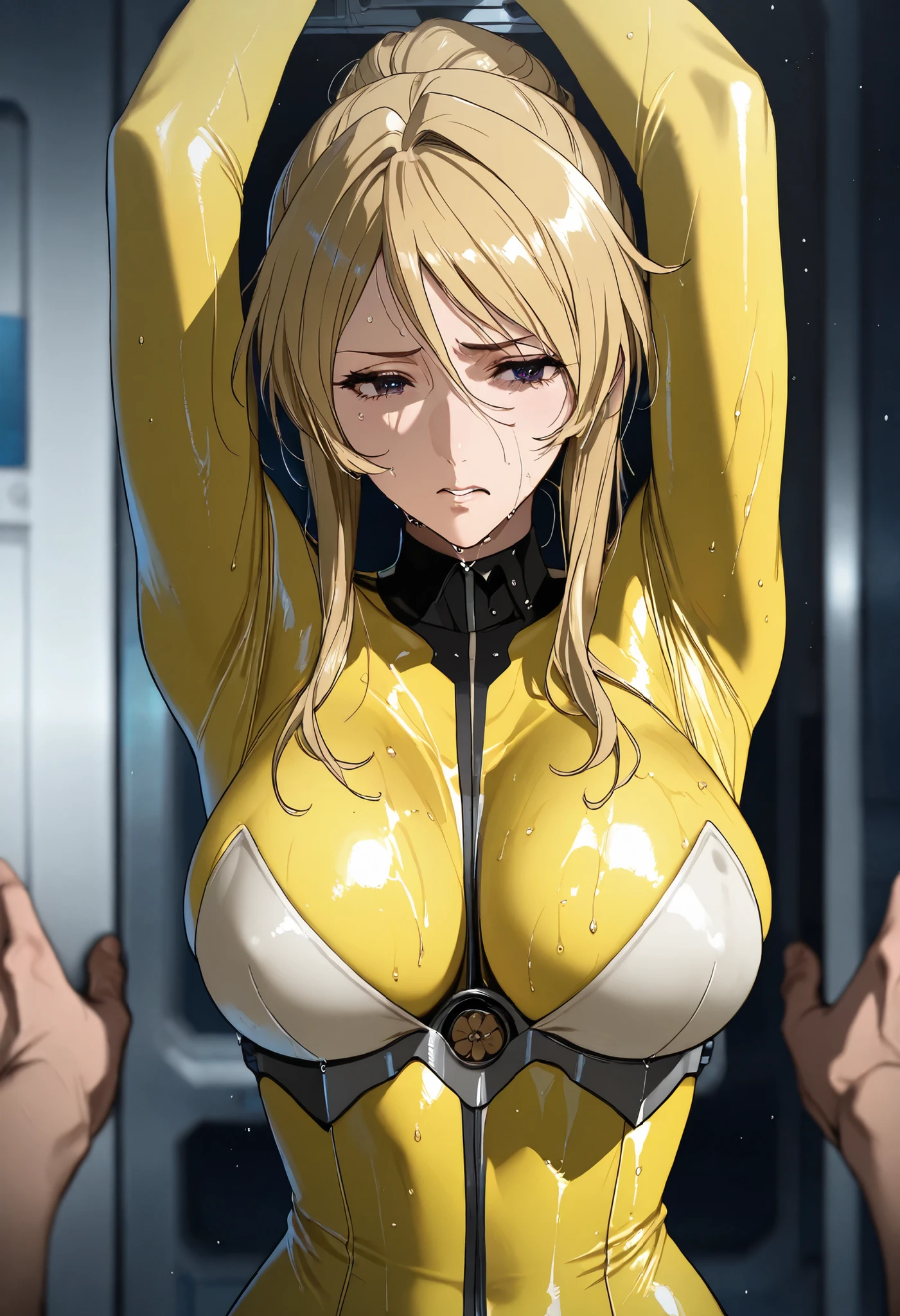 masterpiece, top quality , lively, so beautiful, high contrast for disgust , semi-realistic , newest, wet, skin texture、in the command room、Yellow bodysuit、top quality、masterpiece、perfect eyes、blonde、mori yuki ,(Space Battleship Yamato)、perfect body、slender、(big breasts:0.8)、mature woman、Clever Face 、arms up、2boys、crew、grins、rapes、Rape、 Rape、cowboy shooting、