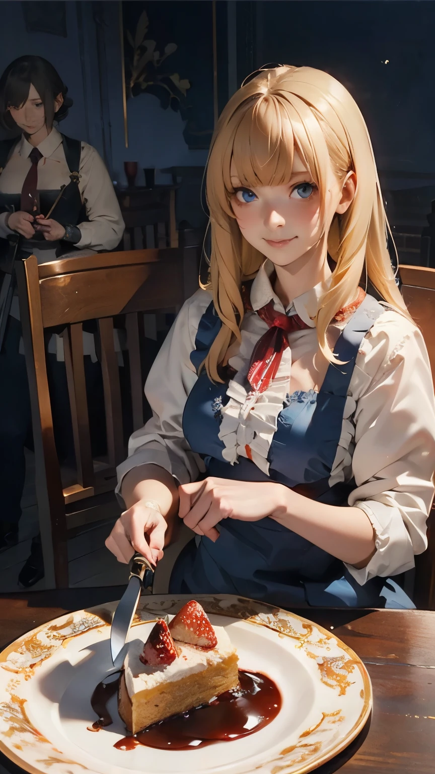 illustrations, top quality, dramatic lighting, (ruffle dress, musket ) ,masterpiece, top quality, Ultra Details, photorealistic depiction of the John Wick version of Alice in Wonderland, one hand(pistol)Handle , Red High Quality Chair , She wears a blue dress in the traditional Alice style , She has a sly smile and piercing blue eyes that shine unnaturally . her blond hair , of underground Alice , Continental Hotel , but the 生地 is tattered and stained with blood, and , He has a knife 、Strawberry cake, birthday, The blood vessels and details of her eyes are drawn eerily realistically, She has bloody desserts scattered on the table in front of her, Red syrup, Teacup, Sit down, spilling jam on a white tablecloth,