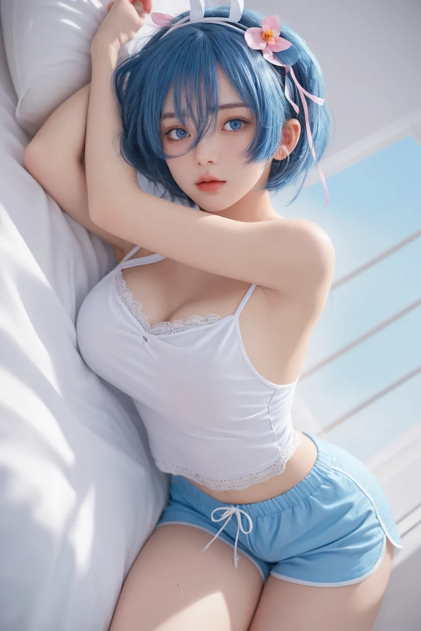 ((((masterpiece, best quality, high resolution)))), Extremely detailed 8K, Beautiful girl with voluptuous body, (Ultra HD, Ultra-detailed, Highly detailed, Highly realistic, Ultra-realistic, photograph realistic), (1girl:1.5), (Realistic blue hair), (short wavy hair, hair ornaments, earrings), (dynamic poses), facing at camera, looking at viewer, (blushing red, embarrassed), (blue eyes, sharp eyes), (big perky breasts:1.2), (beautiful detailed face, beautiful detailed eyes), ((loose camisole, lace panties)), (detail pussy), (sleeping on bed:1.5), sweat, glow, (night time), ((cowboy shot)), bedroom, seductive