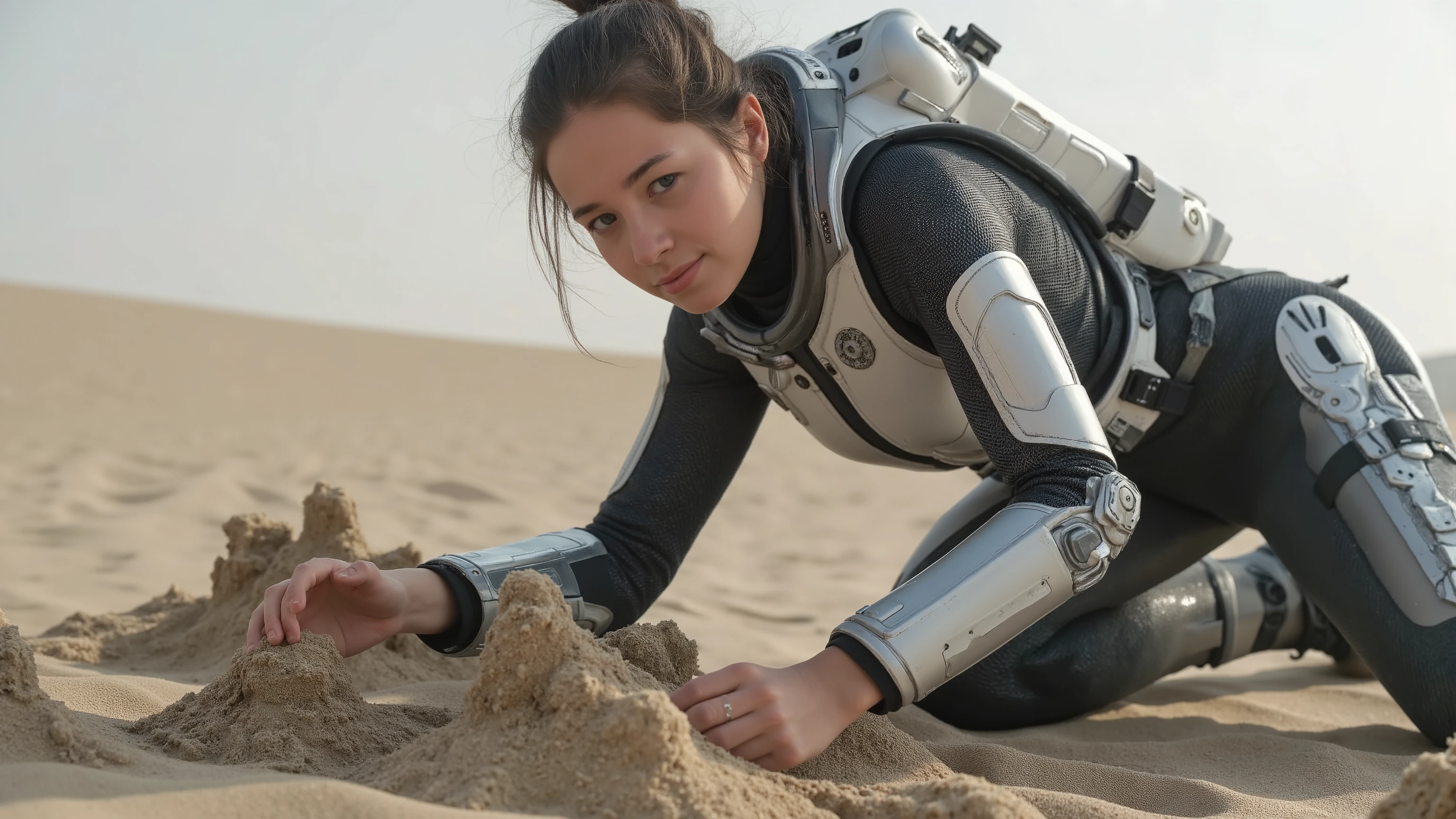 A young woman in a futuristic space suit, kneeling on a sandy planet, building intricate sandcastles with a serene expression. The scene is framed mid-shot, with the vast, barren landscape of the planet in the background. Soft, diffused lighting highlights the details of her suit and the sandcastles. The composition centres on her hands as she carefully shapes the sand, with a sense of tranquillity and focus. extremely detailed realistic natural skin with skin pores, perfect face, highly detailed face and lips, ray tracing, UHD, HDR, 16k, DSLR, masterpiece, photorealistic, award-winning
