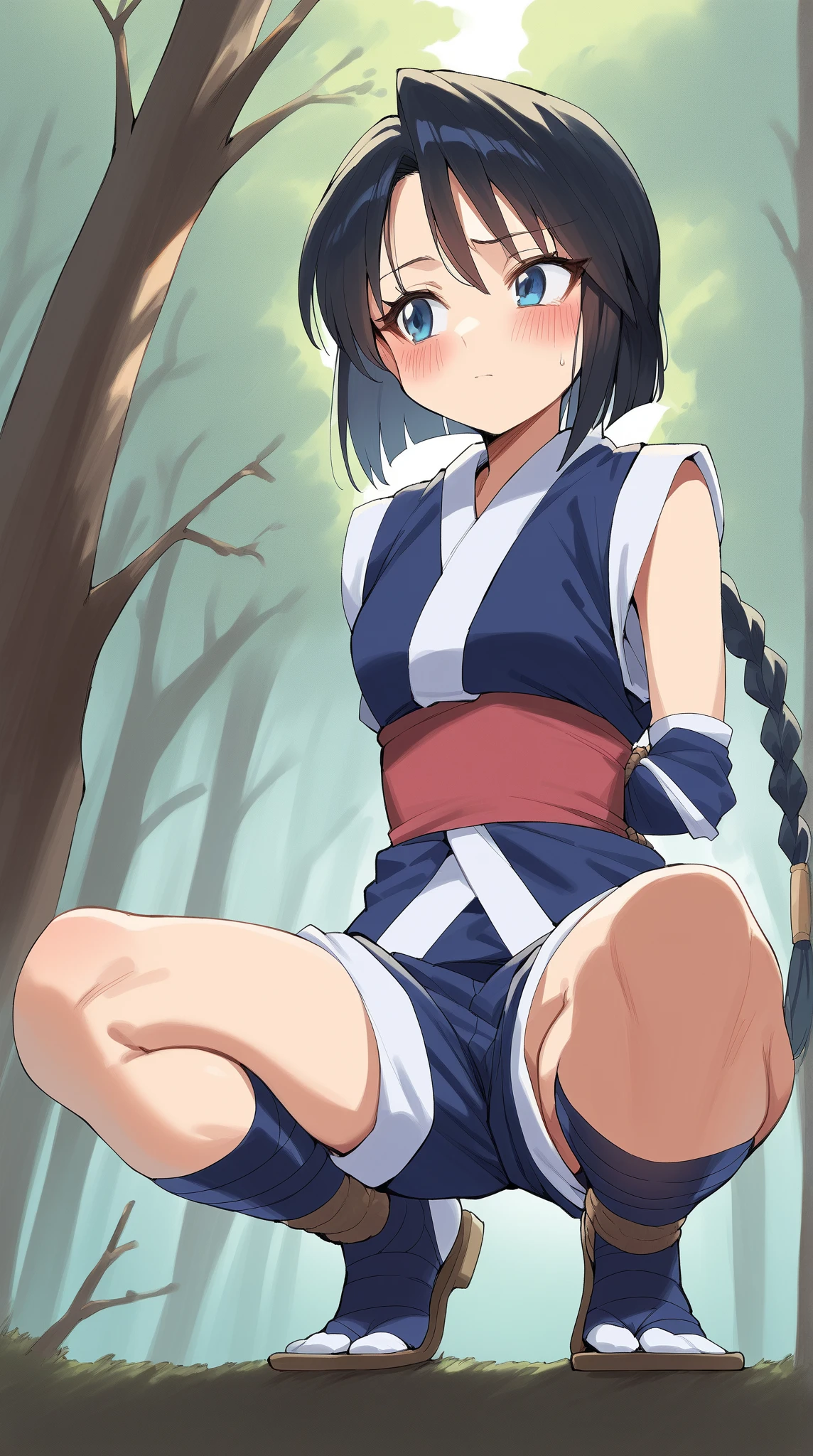 Outdoor、forest、Ripped clothes、Sweat、Hanged from a tree(Tied up with rope)、Spread your legs、squat、Showing off your armpits、blush、Angry face、Open your mouth、pubic hair、Toned body、Medium breast、