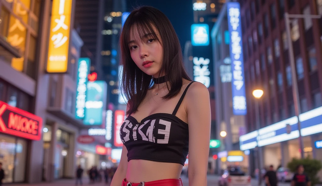 1 girl, Japan, 55 years old, female, Tokyo cityscape, night, professional lighting, breasts outside