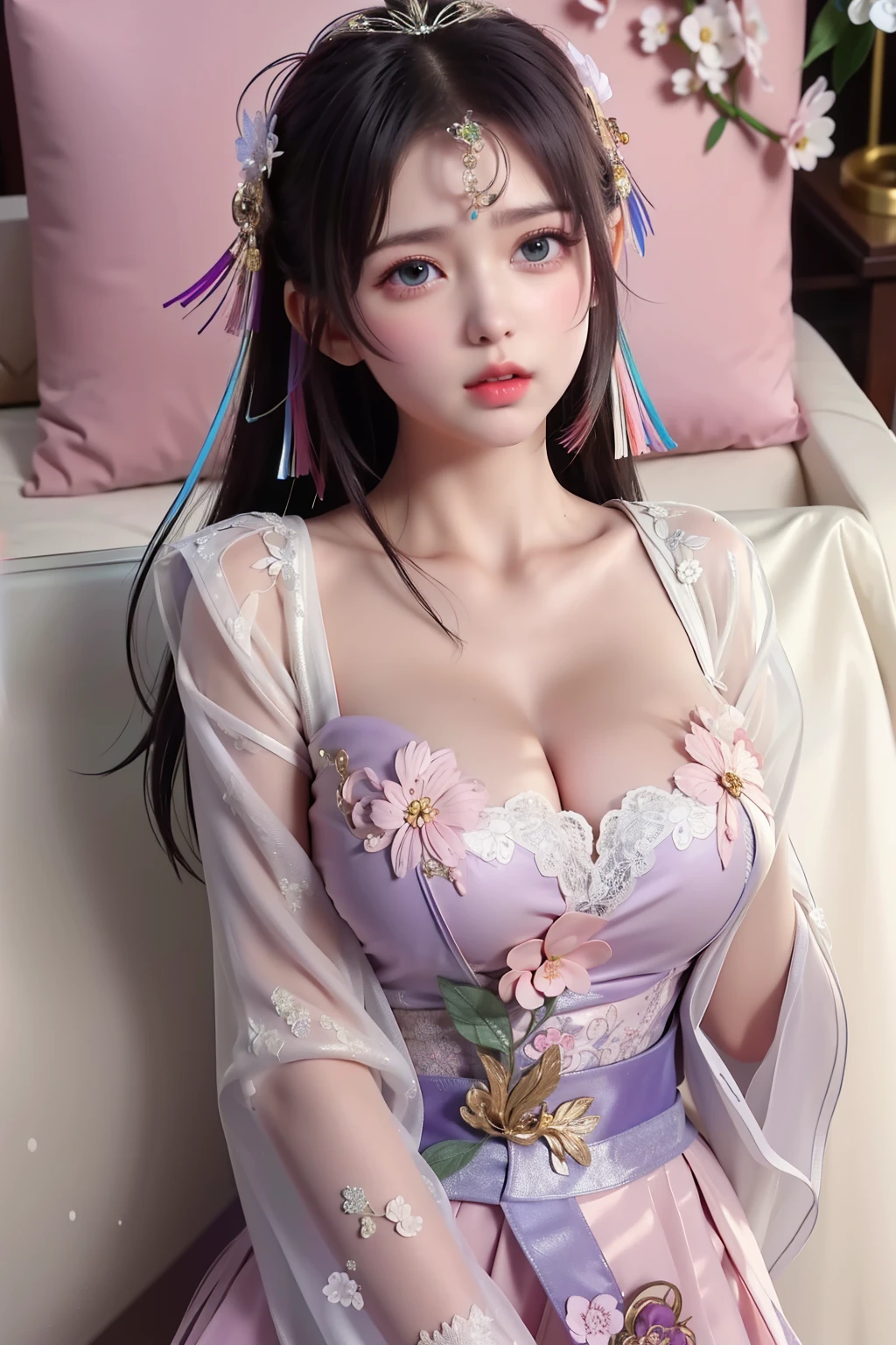 (8k, RAW photo:1.2), best quality, ultra high res,dramatic angle,(fluttered detailed color splashs), (illustration),(((1 girl))),(long hair),(rain:0.9), (Headdress:1.4),There is an ancient palace beside the girl,Hanfu,(Key Points),Color ink painting,(Splash of Color),Splash of Color,(((colorful))),(sketch:0.8) , Masterpiece, best quality, beautiful painted, highly detailed,(denoising:0.6),[splash ink],((ink refraction)), (beautiful detailed sky),moon,highly,detaild,(masterpiece, best quality, extremely detailed） CG Unity 8k Wallpaper，masterpiece，best quality，Ultra Detailed），（Lycoris）. hanfu open v open V-chested clothes Thin silk lace dress , (huge ，cleavage),, white pink and gren，best qualtiy，tmasterpiece，Ultra-high resolution，（Reality：1.4），RAW photogr，（True skin texture：1.3），（filmgrain：1.3），（Selfie angle），1个Giant Breast Girl，Beautiful eye and face details，tmasterpiece，Best quality at best，，The chest more exposed， detailed brapurple and green , detail 8k, upper body, lace petticoat. bottom position looking up, sexually provocative, lying on bed, fishnet stockings
