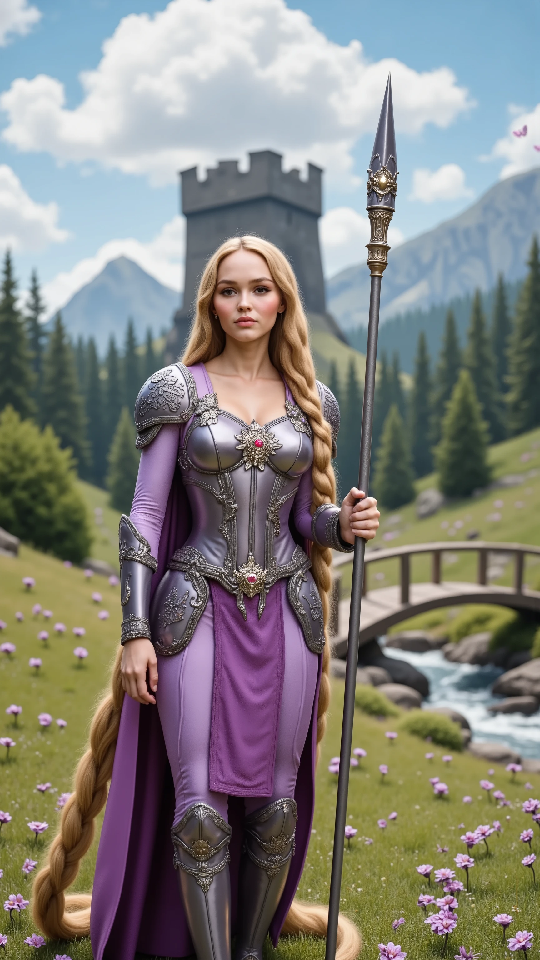 Lily-Rose Depp reimagined as Rapunzel – Warrior walking and holding a long silver spear, dramatic atmosphere, 1 female, full figure, full body, 

Extremely long golden-blonde hair is braided into a thick, functional battle braid, reinforced with leather ties and decorated with tiny pink and lavender flowers. 

She wears a finely crafted suit of light armor in lavender and rose tones. A form-fitting breastplate made of polished violet-tinted metal covers her torso, engraved with floral patterns and inlaid with amethyst stones. Her shoulders are protected by sculpted pauldrons shaped like curved petals, edged in silver.

Underneath, she wears a long-sleeved rose-colored tunic made of quilted silk reinforced with stitching. A layered armored skirt of mauve leather panels extends to mid-thigh, worn over violet trousers. Her bracers and greaves are engraved with winding vines and blossom motifs, with silver trim and gemstone accents.

She wears a flowing lavender cloak made of light silk, fastened at the shoulders with silver sun-shaped brooches.

In her right hand, she holds a long silver spear, engraved with floral motifs and set with a central pink gemstone.

Big breasts、 alluring 、shows her female character's full figure, athletic body, perfect face, full body, extremely beautiful, goddess, female shape, perfect anatomy, the background shows a sunlit meadow at the edge of a dense forest. Her stone tower rises in the distance, covered in ivy and blooming vines. Wildflowers blanket the grass, and butterflies move between them. A small brook flows nearby, and a wooden footbridge crosses over it. The sky is clear and blue, with white clouds drifting slowly overhead,  sunny day, photorealistic, masterpiece, realistic, high contrast, 8k, HD, high definition detailed, detailed, hyper detailed, realistic skin texture, best quality, ultra high resolution, hyper realistic, no text, very detailed eyes, dramatic lighting