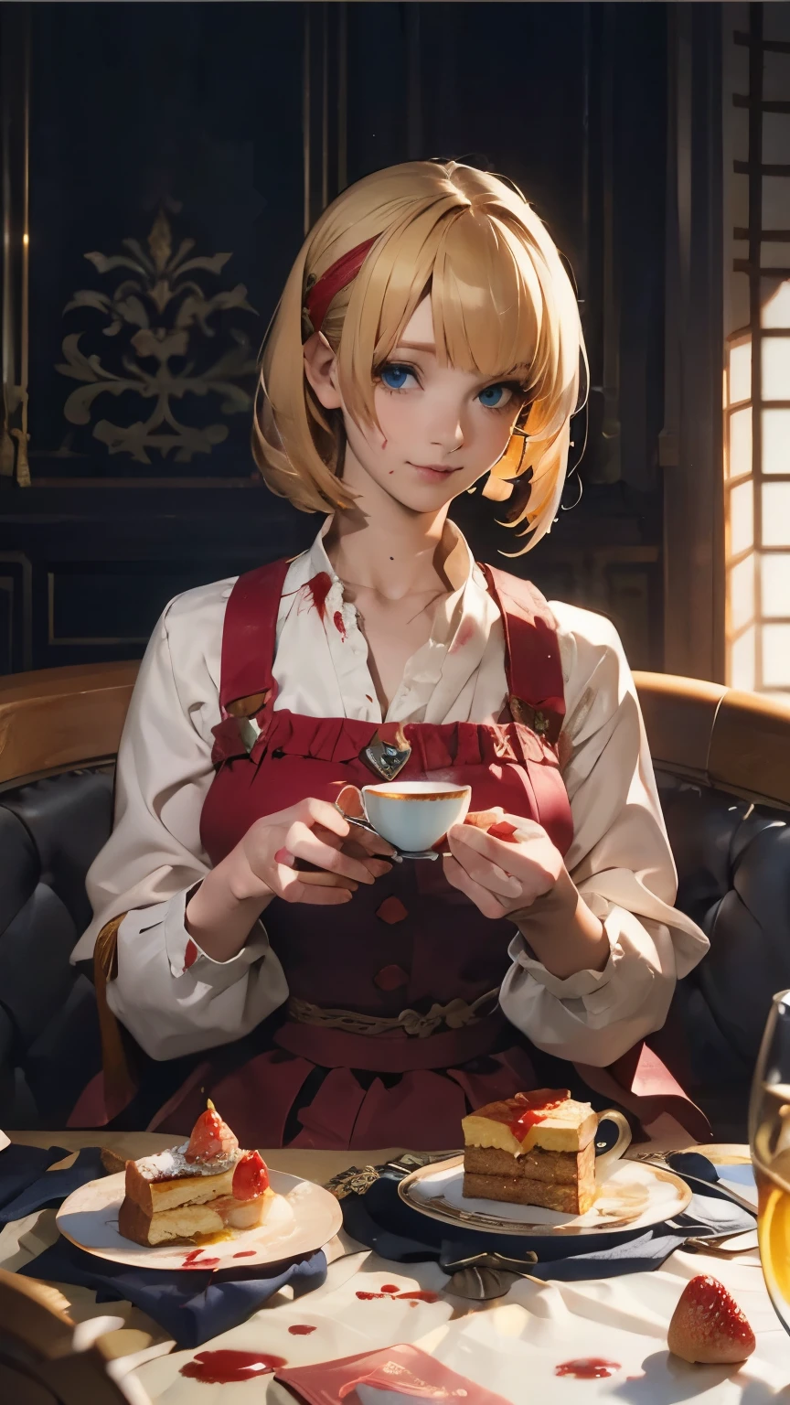 illustrations, top quality, dramatic lighting, (ruffle dress, Sword Excalibur) ,masterpiece, top quality, Ultra Details, photorealistic depiction of the John Wick version of Alice in Wonderland, one hand(pistol)Handle , Red High Quality Chair , She is wearing a traditional Alice style blue dress , has a sly smile and sharp blue eyes that glow unnaturally . her blond hair , of underground Alice , Continental Hotel , but the 生地 is tattered and stained with blood, and , He has a knife 、Strawberry cake, birthday, The striped stockings and combat boots are similarly scattered, She has bloody desserts scattered on the table in front of her, Red syrup, Teacup, Sit down, spilling jam on a white tablecloth,