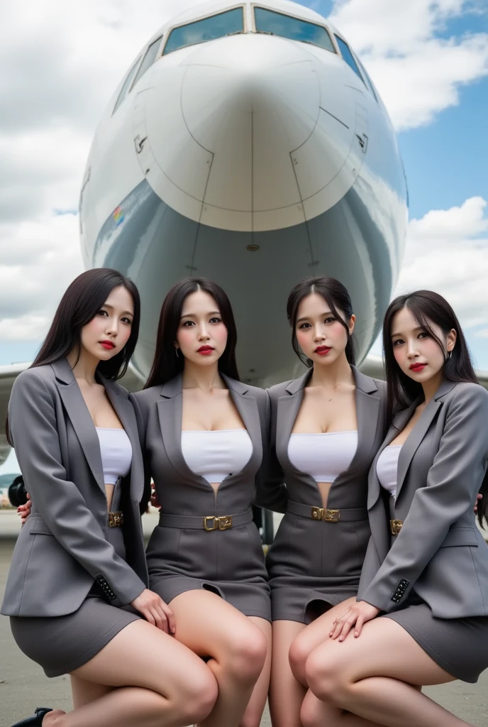 Top quality, ?masterpiece, 8K, Ultra-high resolution, (Reality:1.4), 2 girls in、Beautiful expression、Symmetrical eyes、Huge 、Perfect body proportions、Airline stewardess、Cleavage、Look at the audience、(at the airport:1.2)、Long legs(1.3)、a smile,Body proportions,