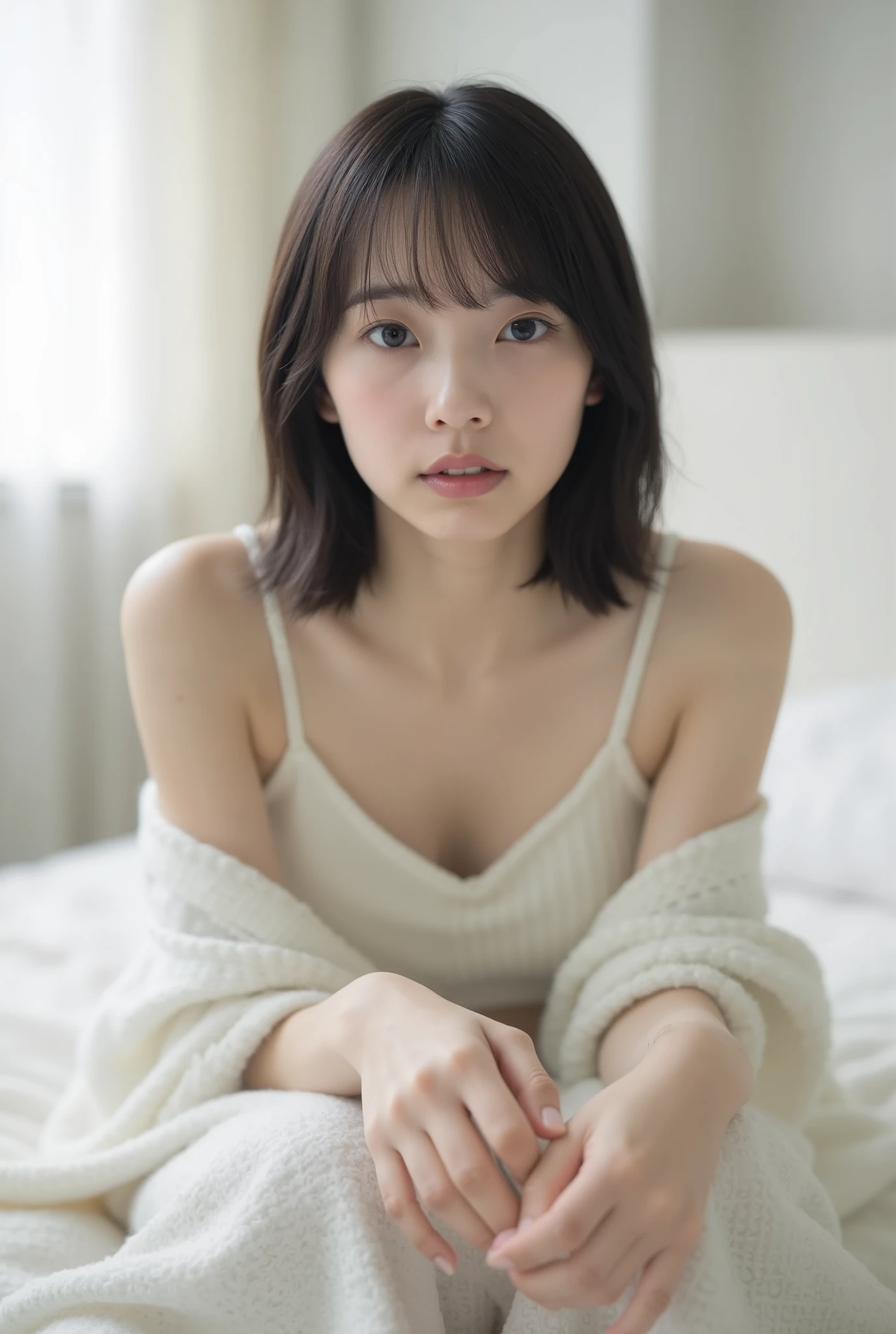 Create an image of an exceptionally beautiful Japanese girl with fair skin. She is on the bed with all fours in her white room, wearing comfortable loungewear. Her straight, semi-short hair frames her face softly. The ambiance is enhanced by cinematic lighting, creating a cozy and inviting atmosphere.