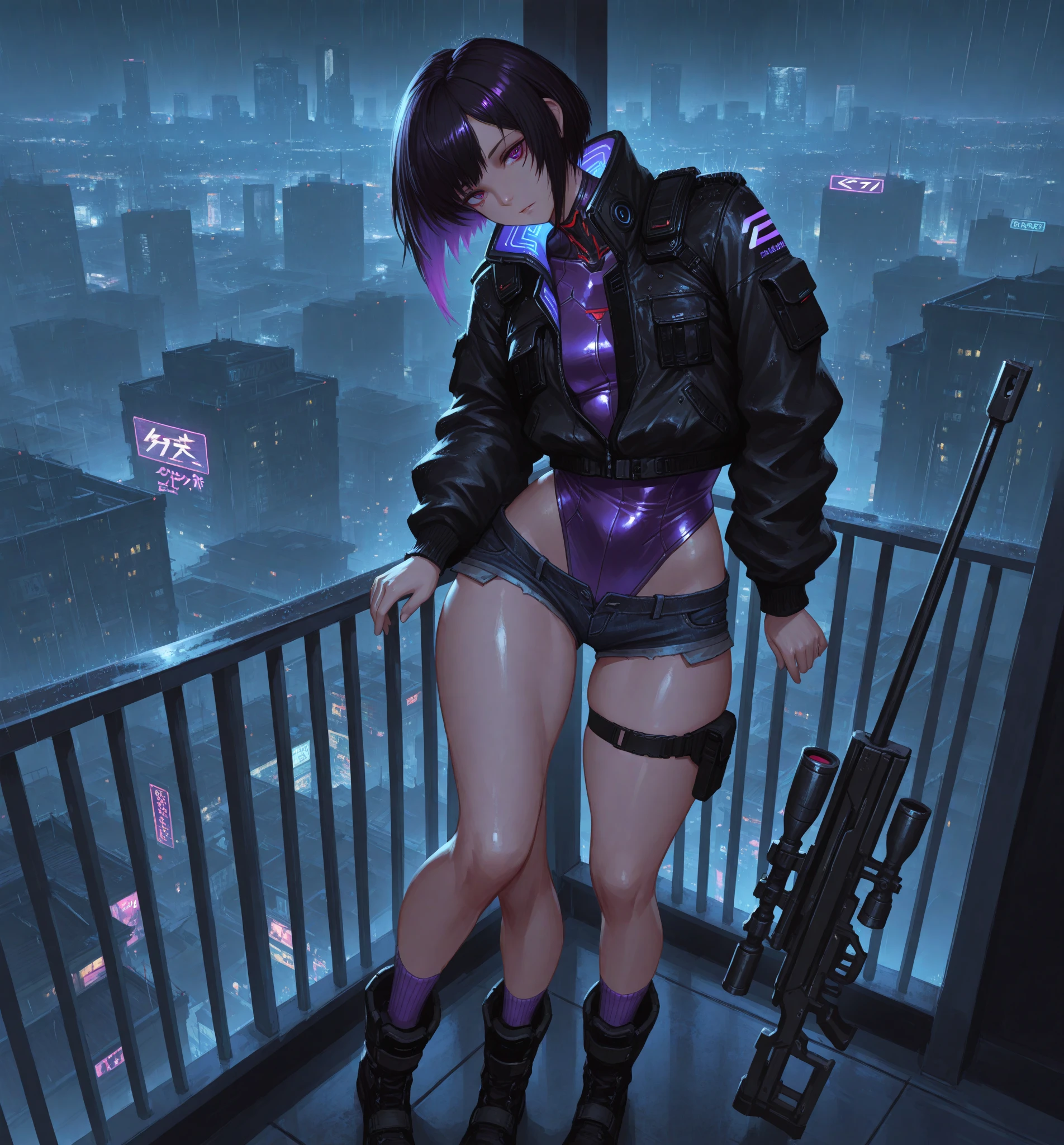 une fille, cyberpunk, elle tient un revolver dans la main, she aims, purple hair, cyberpunk style, une jupe courte, des collants noirs troué, purple eyes, nice face