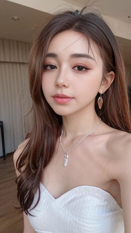 Canon RF85mmf/1.2,masterpiece,highest quality,Ultra-high resolution,VC,1 girl,(Korean mixed race,K-Pop Idols:1.2),alone,white_Shiny_skin,Iris,necklace,((Brown_length_Wavy_hair)),((pink_Shiny_lips)),eyelash,前hair,make,compensate,Shiny,pore,skin texture,bracelet,Off the shoulder,See-through,Big Breasts