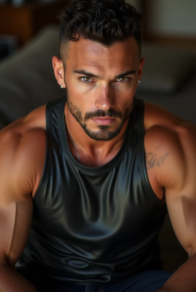 (masterpiece, intricately detailed, highest resolution, best quality:1.2), (doujin), a cocky Latino instagram influencer, a 24 y.o muscle stud with a muscular physique sitting on a chair with blue eyes,ntattoo, ((neckline_tattoo)), dark-skinned male, clean shaven, wearing a ((open jacket, big chains, chav, armbands)), ((excessive cum)) ((cum on body)) (cum drip), flaccid penis,saggy balls,hairy chest,vascular,muscle striations,soft light,fantastic realism, colth, hdsrmr