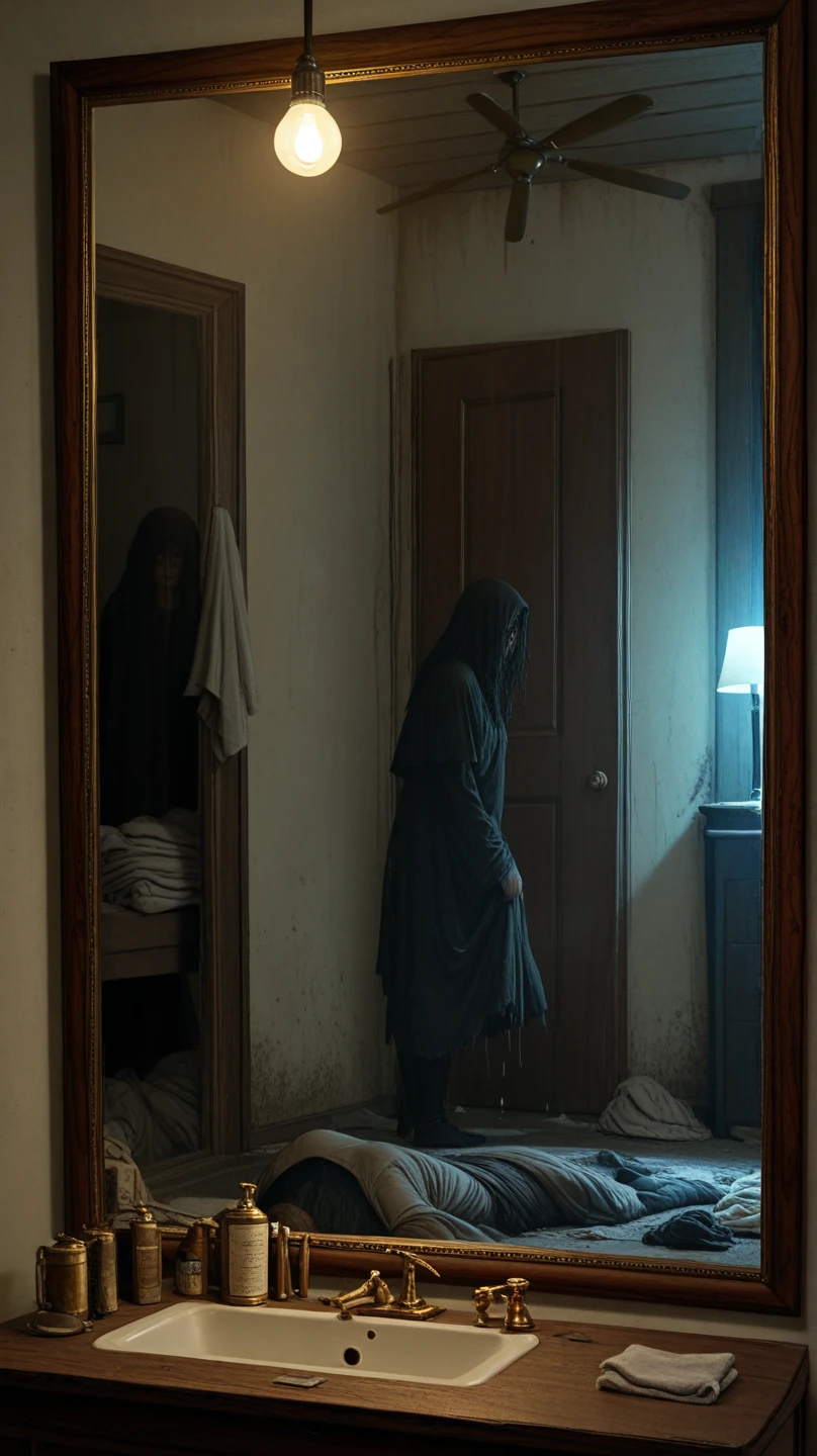Create a realistic image of a medium-sized family living room, sparsely furnished, with a terrifying atmosphere of horror. The room isdimly lit, with only a faint, cold light seeping through partially drawn curtains. The walls are aged and cracked, and the furniture—just a few outdated chairs and a small table—feels neglected and eerily out of place. Dark, twisted shadows creep along the walls, and an unsettling silence fills the room, occasionally broken by the creak of floorboards. Scattered across the dusty wooden floor are old, forgotten toys—a cracked-faced doll, a rusted toy car, and a one-eyed stuffed animal—adding to the sense of dread. Through a partially open door or a shadowy window, the faint outline of a sinister, malevolent figure is visible, casting a long, dark shadow into the room. The air is heavy with cold, and an overwhelming sense of fear pervades the space, making it feel as if the room itself is haunted by a dark, evil presence. The overall image should evoke a deep sense of terror and unease, as if something horrifying is lurking just out of sight, waiting to strike., photo
