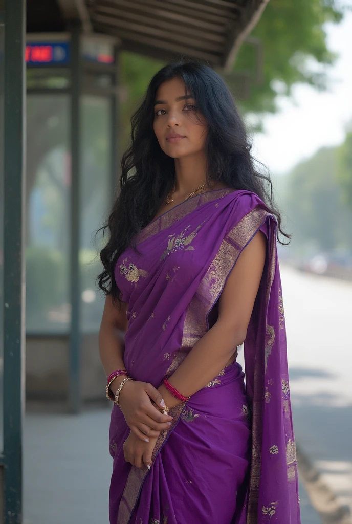 A cute indian girl , black long free hair , cute and attractive, looking fit , wearing pink or purple dress , unique ear rings , pendent , rings , realistic face , realistic hands, impressive, inspiring eyes , pink lips
