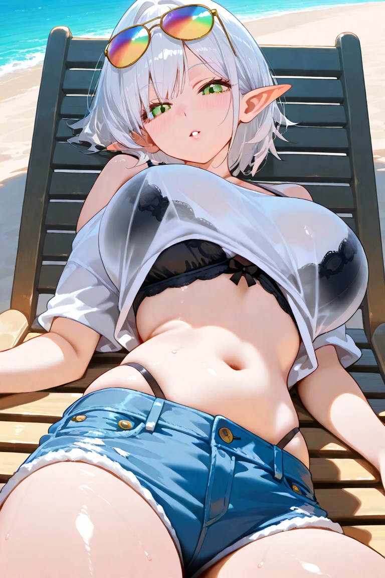 (masterpiece),best quality, expressive eyes, perfect face,w sitting, w sitting on ground, legs on ground, 1girl, big breast, H-cup, good breast,Focalors, crossing arms, beautiful, gorgeous, perfect body, mini bikini. lying on a bed