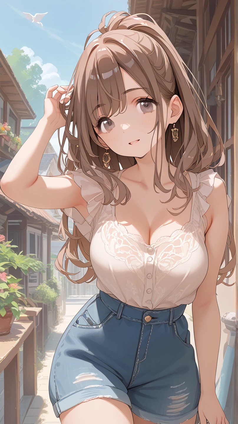 Walking hand in hand with boyfriend、The viewer is my boyfriend、masterpiece, Highest quality, Very detailed, ,The finer details, Anime Style, One Girl, 22 years old, Cute Face、Large Breasts、Big Ass、Tight waist、Dynamic Angle、from above, Long Hair、Beautiful Eyes、Dark brown hair, Shiny Hair, Light brown eyes、In front of the station in the evening、Meeting、happy smile, blush、 Tote、Cute outfit、off-the-shoulder top, hallow depth of field