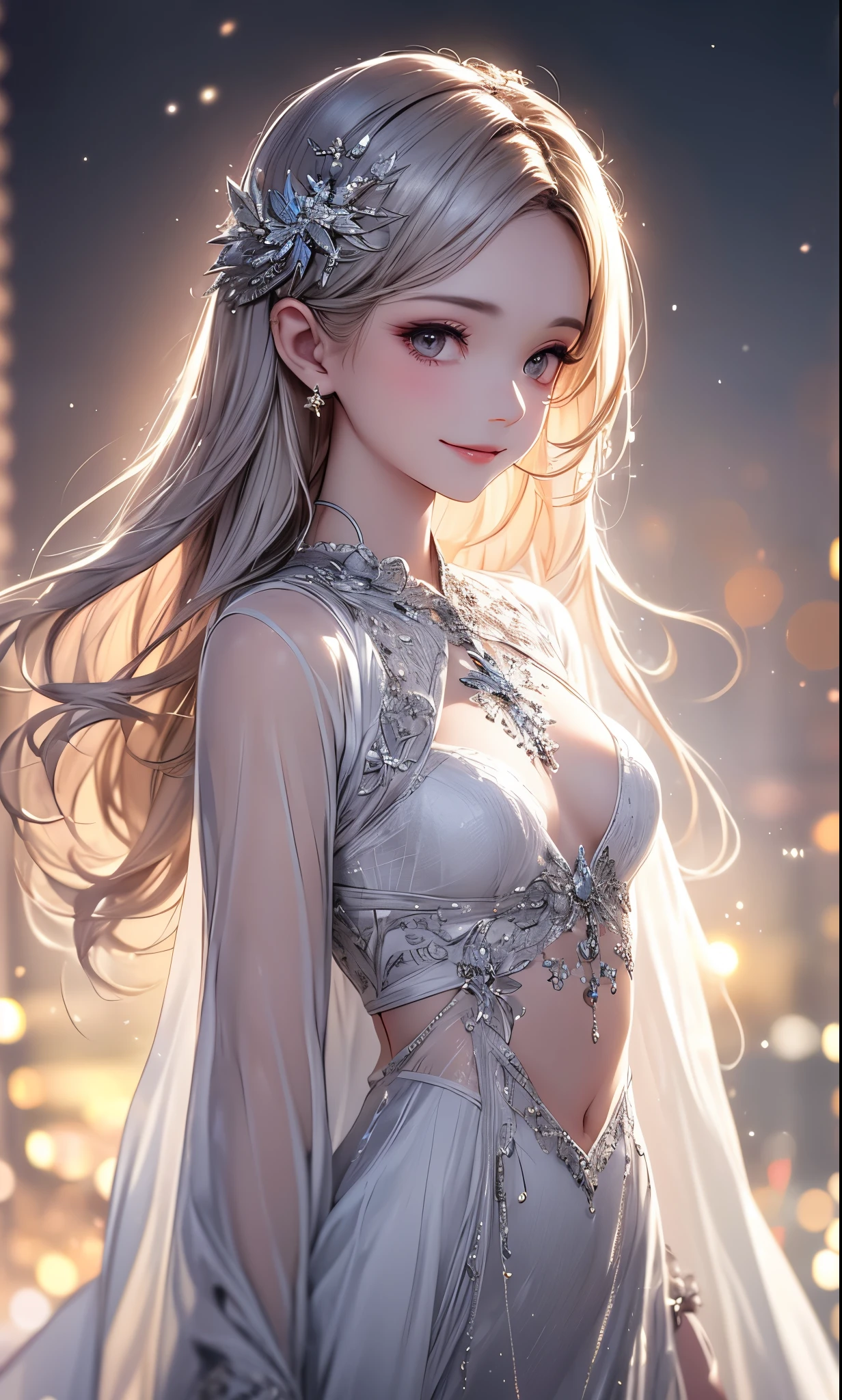 (masterpiece),(4K),High Quality,(small breasts),sexy girl、Sexy Saint , Long Silver Hair ,pale skin,smile, beautifully detailed grey eyes, ( high-definition and elegant ),( white cape let fashion), Magical Color and Atmosphere, detailed skin from sleeve to chest,(Cute sparkle), light particles, The background is softly blurry ,Add a dramatic and iconic element to your scene, description boundary ahead of the large end, Bokeh, Silky to the touch , see-through silk, soft, lightweight garment、beautiful and neat face、see-through 、 hyper details,creates a dreamy and elegant atmosphere