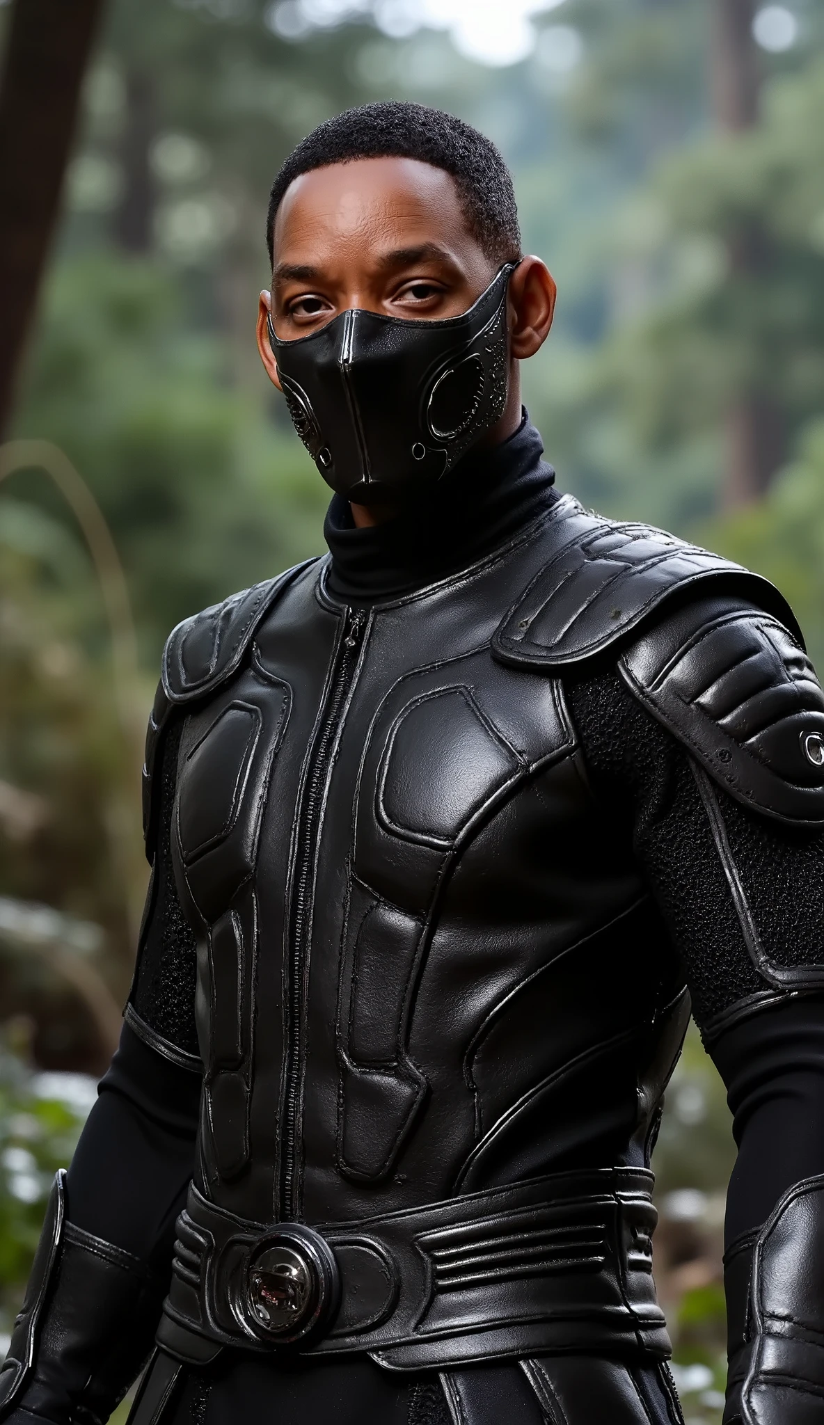 Will Smith as Noob Saibot hyperrealistic and shiny image his black mask and metallic black clothes, Show only the eyes, a hyperrealistic image close up upper body hyperdetailed textures the hyper realistic background of a forest with textures in 8k
