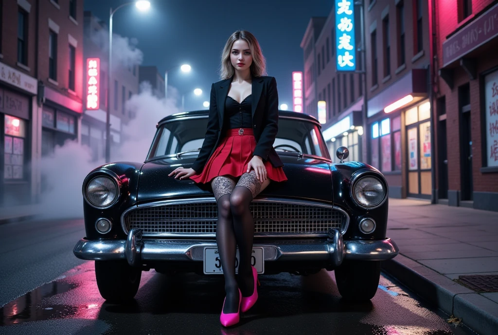 Retro sexy  young girl, white skin, black jacket, blouse, red skirt, black lace tights, pink high-heeled shoes, Sitting on the hood of the 1950 silver Aston Martin car, homeless, electric blue, a street wet, Fog on the street Makeup, Gradient Hair Color, buildings, starry night Cinematic lighting, semitone, Chiaroscuro, UHD, Very detailed, High Quality, The best quality, Post-apocalyptic world alley, Underworld laser rays, Cloudy skies and fogs Big breasts,  breasts, Imax Cinematic lighting, bright light,  Overexposure, High Quality, Cyberpunk Big Breasts,  breasts, UHD, from above, Suburb Makeup,  Top teeth , Blush all over the face, red lips, Blushing ears, niebla electrica , shoulder-length fireworks, Neon graffiti, Light on the face 
