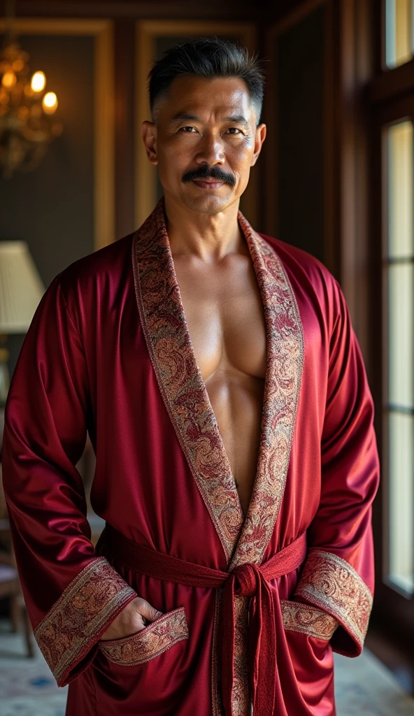 40 years old,Hidetoshi Nakata ,(Kogoro Mori 1.1),A muscular man lying on his stomach,Legs open,Thick chest hair,Wear a necklace,Red lingerie,Moustache,masterpiece,HD,foot,Black socks,