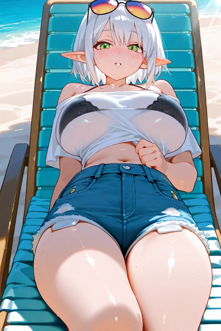 、High resolution、Adult magazine cover style、Noble smile、Focus on people、Big-breast spreads her legs and makes a sex appeal ahe beach、Perfect proportions、Cowboy Shot、Out of the ordinary, overwhelmingly huge breasts、Fatty lct nipples、Exposingy、CleaSweaty
