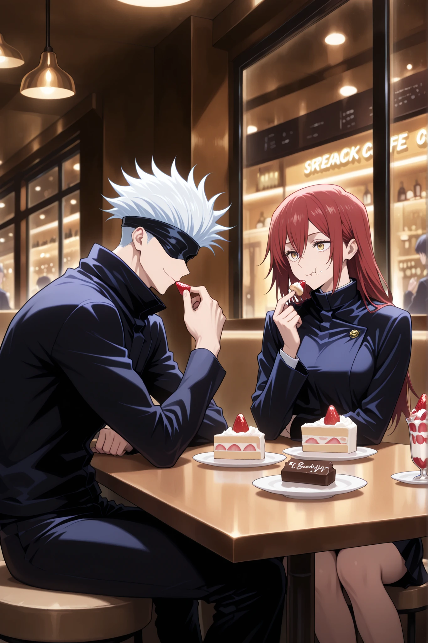(masterpiece), (highest quality), (very detailed), (the best shape), (best shadows), (absurd), (so beautiful), beautiful eyes in every detail, unusual, 8k, 32K, high resolution, very detailed e CG, score_9, score_8_high, score_7_high, Those_anime_series, cinematic, BREAK 1 man, satoru gojou, jujutsu kaisen, black blindfoled, jujutsu kaisen uniform, white hair, short hair, cool, trained body, muscular, BREAK couple, duo focus, hetero, sitting in a fancy cafe, by the window, busy streets, eating , strawberry cream cake, strawberry milkshake, happy face, dynamic pose, cute pose, Sitting together in a café, eating together, sitting next to each other, 2 people, BREAK 1girl, golden eyes, red hair, long hair, long sidelocks, hair between eyes, cool, sexy, beautiful, petite, black jacket, black skirt