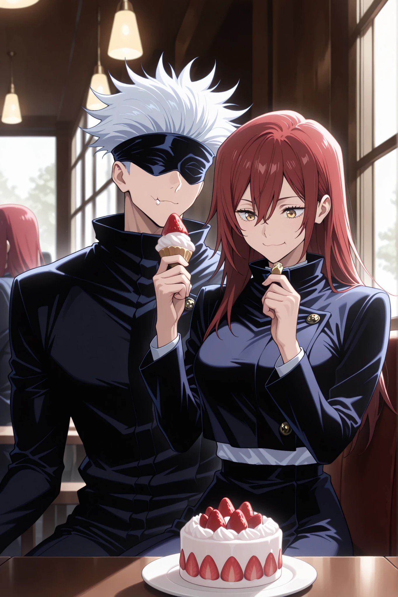 (masterpiece), (highest quality), (very detailed), (the best shape), (best shadows), (absurd), (so beautiful), beautiful eyes in every detail, unusual, 8k, 32K, high resolution, very detailed e CG, score_9, score_8_high, score_7_high, Those_anime_series, cinematic, BREAK 1 man, satoru gojou, jujutsu kaisen, black blindfoled, jujutsu kaisen uniform, white hair, short hair, cool, trained body, muscular, BREAK couple, duo focus, hetero, sitting in a fancy cafe, by the window, busy streets, eating , strawberry cream cake, strawberry milkshake, happy face, dynamic pose, cute pose, Sitting together in a café, eating together, sitting next to each other, 2 people, BREAK 1girl, golden eyes, red hair, long hair, long sidelocks, hair between eyes, cool, sexy, beautiful, petite, black jacket, black skirt