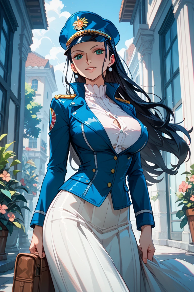 score_9_up, score_8_up, score_7_up, score_6_up, score_5_up BREAK Yor Briar, 1woman, mature female, slim figure, solo, hat, military uniform, military jacket, long white shirt, hair down, black hair, peaked cap, cleavage, long hair, hair down, pantyhose, outdoors,