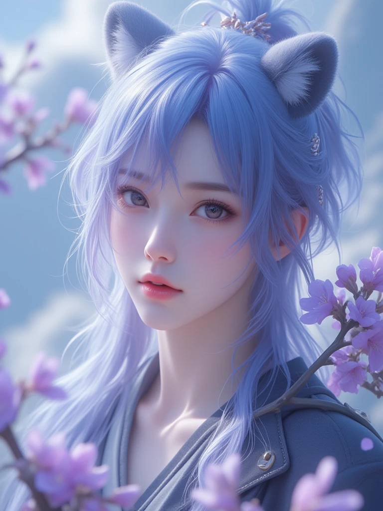 Movie Movie Still Nebula Wisdom Anime Style,
1girl in,Portrait,Looking at Viewer,Cat ears,Very long hair, School uniform, Outdoors,Blue hair,holding flowers,hair between eye, redeyes,Flower hair ornament, Sparkling eyes, Sky on Milky Way background, tree,mont,Floating hair,
. Shallow depth of field, Vignette, Highly detailed, High budget, Bokeh, Cinemascope, Moody, epicd, Gorgeous, Film grain, Grainy,