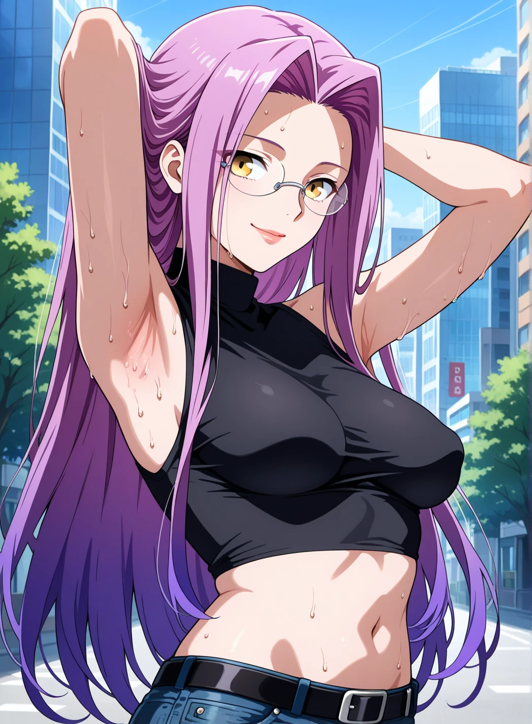score_9, score_8_up,score_7_up, source_anime,1girl, solo, Medusa (rider), forehead, gradient hair, multicolored hair, parted bangs, purple hair, longhair, two-tone hair, lips, glasses,medium breasts, sagging breast, sleeveless, turtleneck, black shirt, crop top, navel, underboobs, denim jeans, black belt, smile, outdoors, city background, standing, arms up, detailed armpits, showing of armpits, sweaty armpits