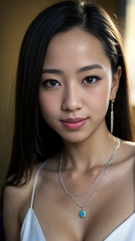 Create a (( mid-shot )) photorealistic image of a beautiful Asian woman with fair, smooth, flawless skin. She has large, round, sparkling eyes with naturally long and curled eyelashes, and well-defined, dark eyebrows. Her nose is straight and high, and her naturally pink, soft lips form a gentle smile. She has short, slightly curled brown hair that highlights her delicate facial features. Her face is oval-shaped, with a wide and high forehead, moderately high cheekbones, and a pointed, slender chin. (( waist to top)) ((,She is wearing a shirt slender shoulders with (((.floral bra trap))), simple necklace , highlighted by the rays of light creating a radiant effect on her skin. , mid-shot , light rays, warm atmosphere ,))