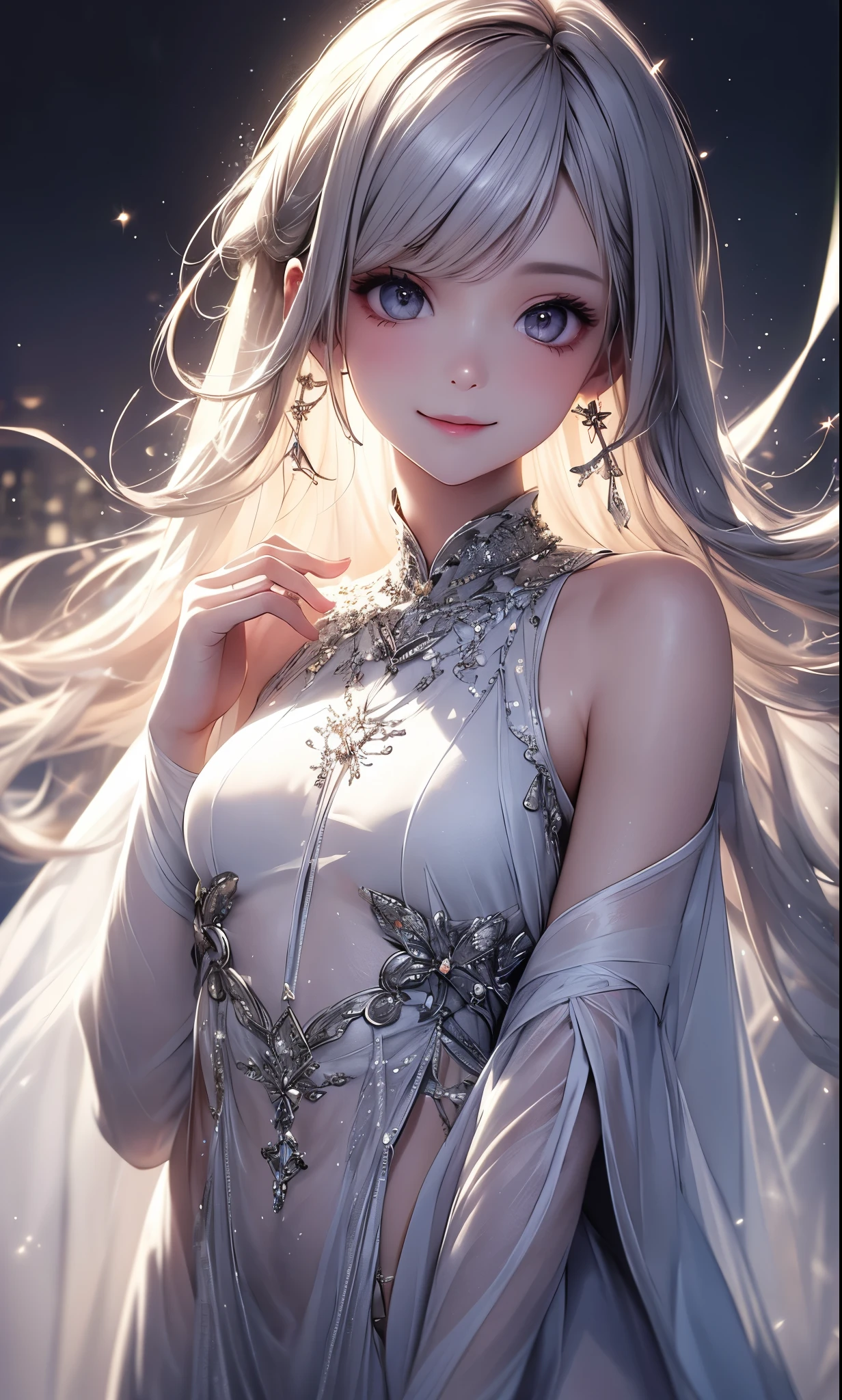 (วอลล์เปเปอร์ CG 8k very detailed, Masterpiece, best quality, very detailed), (Better lighting, Better shadow, Very delicate and beautiful), floating, high saturation, Dynamic angle, ((1 girl)), beautiful, Ningguang(orchid evening dress) white hair, conjunctivitis, My hair is very long., hair accessories, smooth