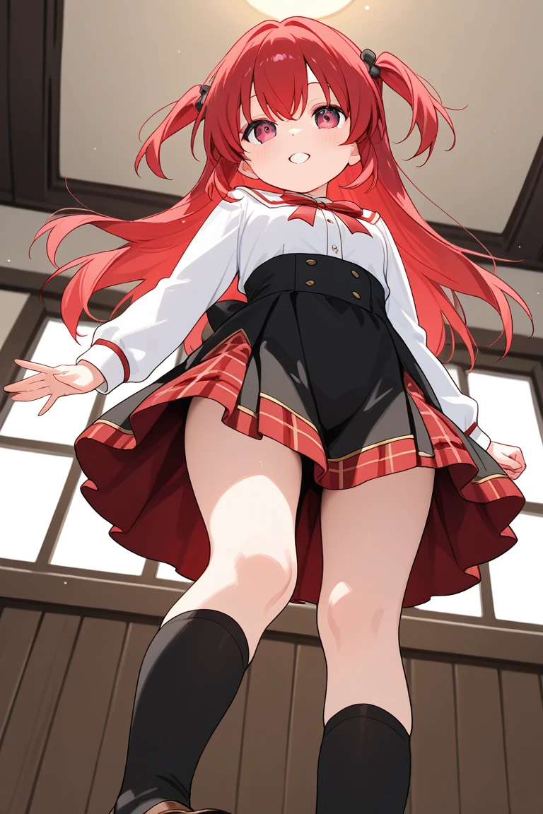 1girl, masterpiece, pov, (red hair), two side up, red bang, black ribbon, brown eyes, back view, medium breasts, large hip, american casual fashion, red jacket, argyle pattern flare skirt, ((skirt lift)), (exposing pink stripe pattern pantie), smug face, little bit flushing