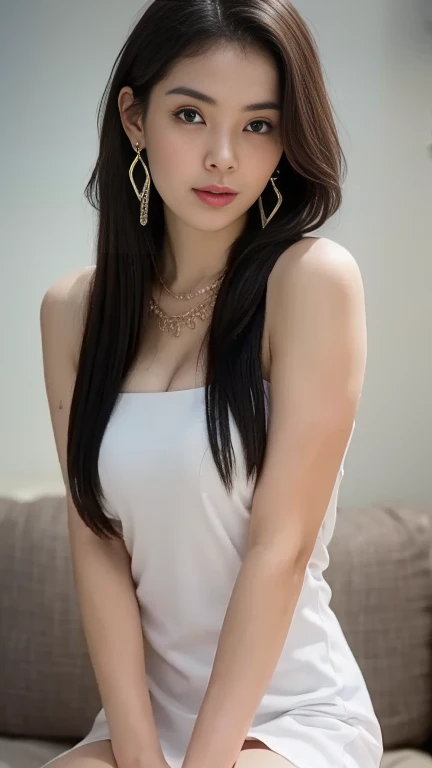 Beautiful detailed chinese age19, Solo, Long hair, Colossal breast, Chinese, Looking at Viewer, blondehair, Bare shoulders, Long Cleavage, Brown eyes, jewely, Full body, ultra white skin, a necklace, loose off shoulders Sweaters, Realistic asian, A sexy pose