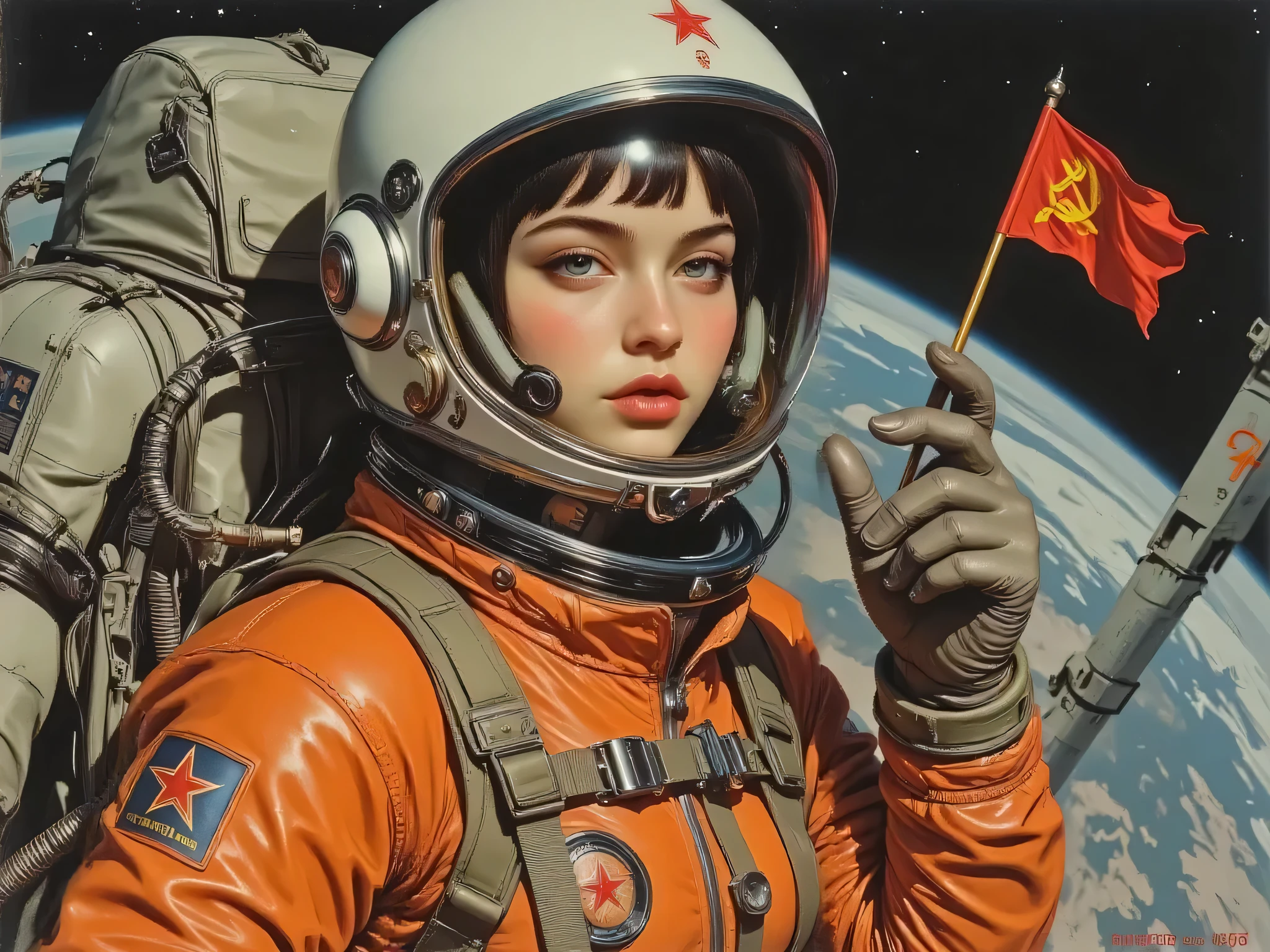 ((cute female astronaut、 The best beautiful girl 、pretty face、 Beautiful green eyes、thick lips with Nozomi))、(((Soviet Propaganda Posters from the Late 1960s、CCCP poster , poster highlighting the triumph of socialism、Red Flag、 gamepad ,communist propaganda、greatest masterpiece)))、((1960s spacesuits、white helmet、Soviet letters、orange spacesuit、 realistic accuracy faithful to details 、jumpsuit、emblem、transparent ear covers:1.8)),((no gravity, touching Tereshkova、Salute space station、Baikonur Cosmodrome)),(Spacewalk, reflected light from the sun , Detailed Textures , I can see the blue Earth、success、 Hero of the Soviet Union)