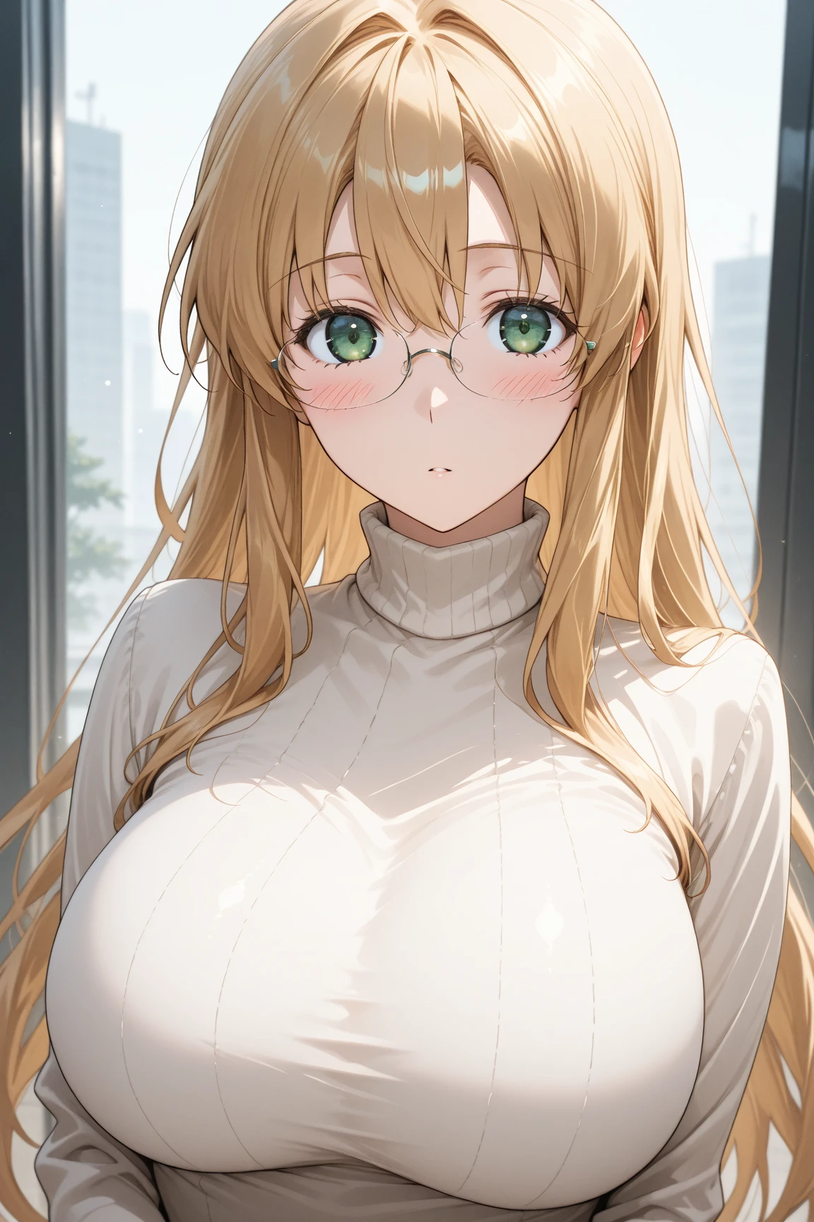 ((Highest quality)), ((masterpiece)), (detailed), （Perfect Face）、The woman is Tiare, a green-eyed, blonde, medium-length-haired alien.