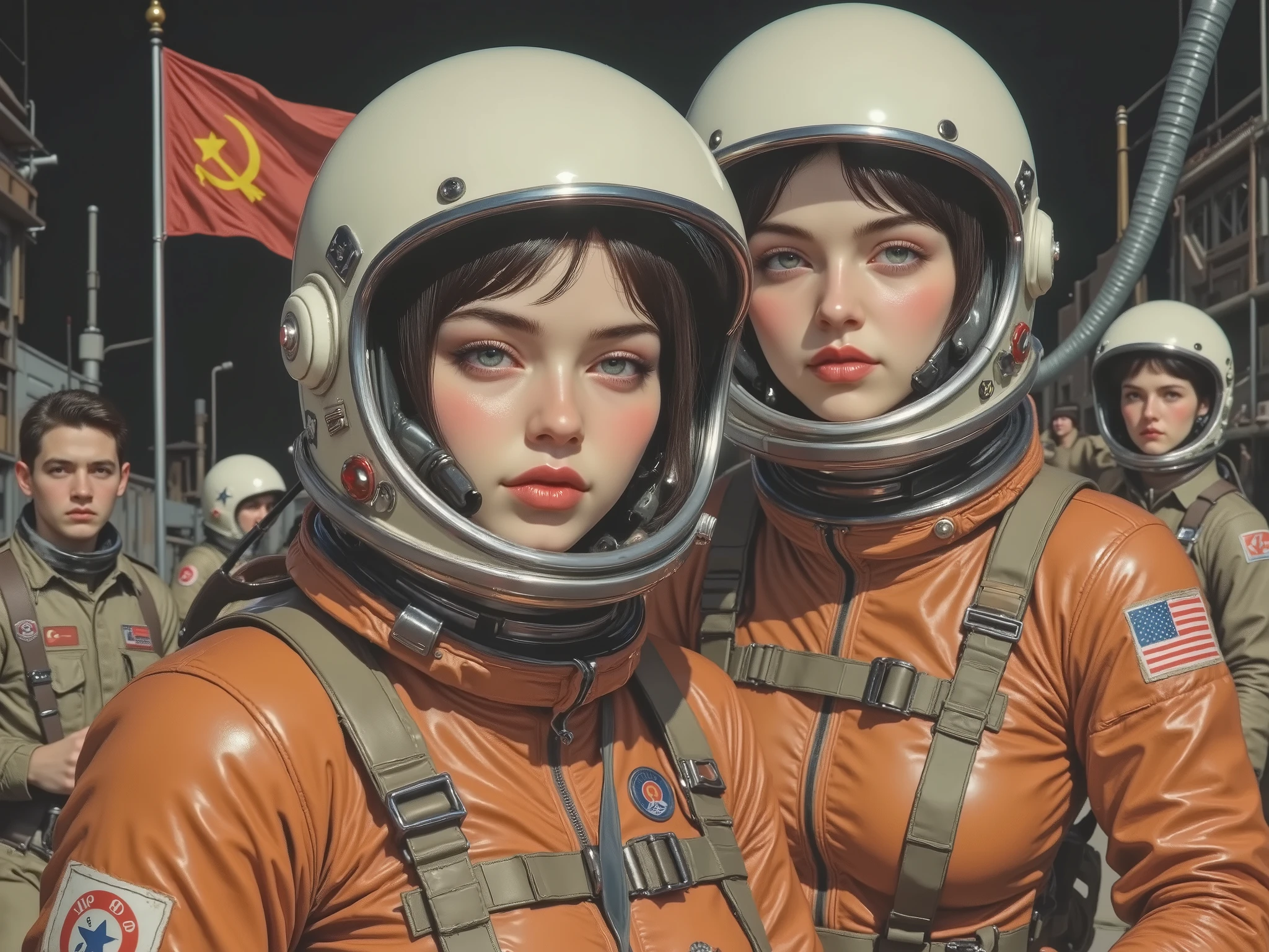 ((cute female astronaut、 The best beautiful girl 、pretty face、 Beautiful green eyes、thick lips with Nozomi))、(((Soviet Propaganda Posters from the Late 1960s、CCCP poster , poster highlighting the triumph of socialism、Red Flag、 gamepad ,communist propaganda、greatest masterpiece)))、((1960s spacesuits、white helmet、Soviet letters、orange spacesuit、 realistic accuracy faithful to details 、jumpsuit、emblem、transparent ear covers:1.8)),((no gravity, touching Tereshkova、Salute space station、Baikonur Cosmodrome)),(Spacewalk, reflected light from the sun , Detailed Textures , I can see the blue Earth、success、 Hero of the Soviet Union)