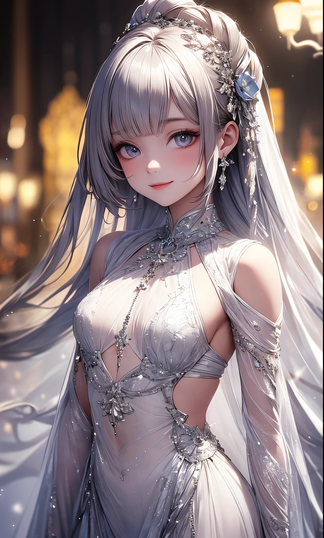 (masterpiece),(4K),High Quality,(small breasts),sexy girl、Sexy Saint , Long Silver Hair ,pale skin,smile, beautifully detailed grey eyes, ( high-definition and elegant ),( white cape let fashion), Magical Color and Atmosphere, detailed skin from sleeve to chest,(Cute sparkle), light particles, The background is softly blurry ,Add a dramatic and iconic element to your scene, description boundary ahead of the large end, Bokeh, Silky to the touch , see-through silk, soft, lightweight garment、beautiful and neat face、see-through 、 hyper details,creates a dreamy and elegant atmosphere