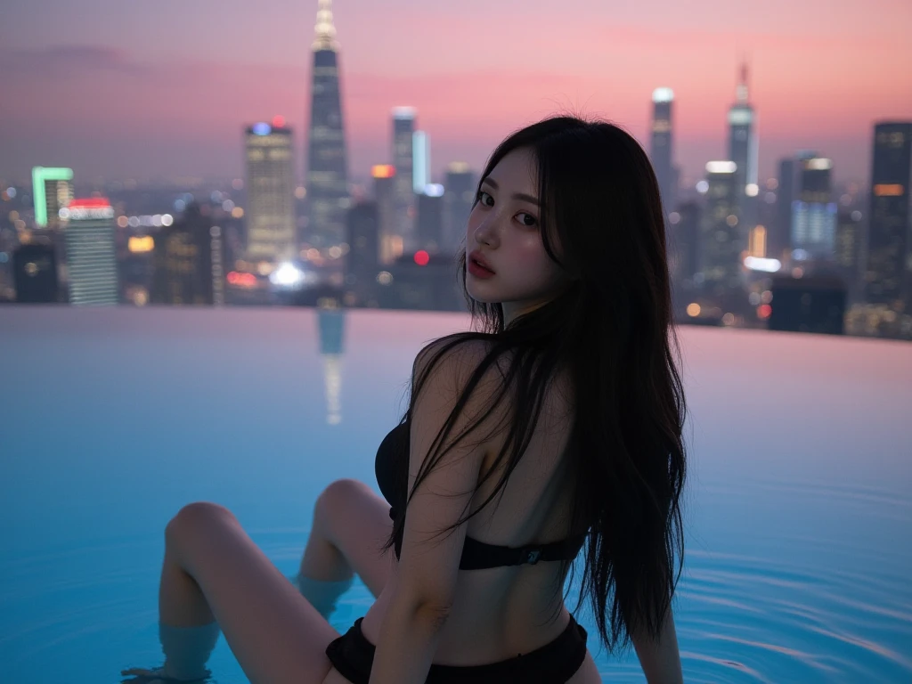 ((midnight, best quality, 8ก, Masterpiece :1.3)), whole body, Long legs, Sharp focus :1.2, Beautiful woman with a perfect figure :1.4, Slender stomach :1.1, ((dark brown hair, big breasts :1.2)), , ((night city view, rooftop:1.3)), Highly detailed facial and skin textures, Detailed eyes, Double eyelids, Not wearing a shirt
