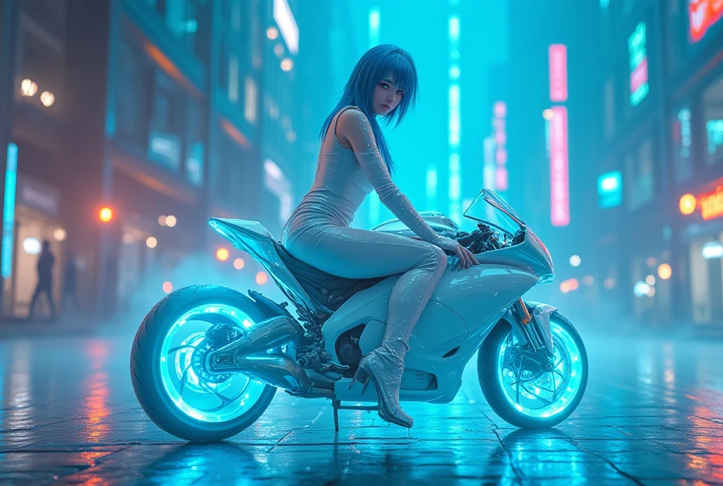  android girl, shiny white suit, pale skin, Bright blue hair,  , , Sitting on a phosphorescent neon white electric motorcycle, wheels phosphorescent electric blue, Neon road futuristic city, floor of glass crystal 