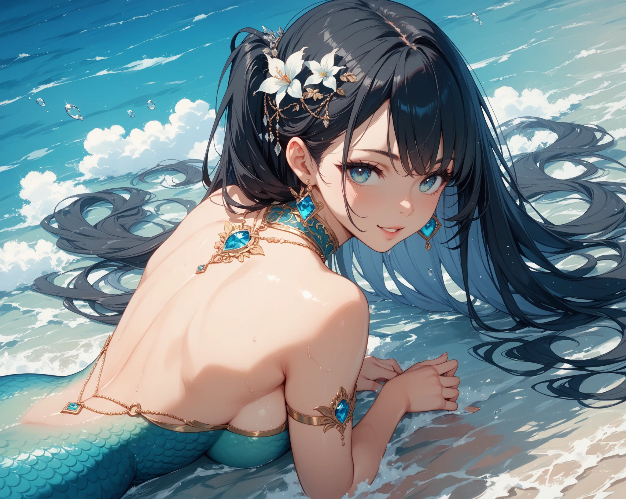 ((masterpiece, highest quality)), ((mermaid)),1 girl, pink wavy long hair, purple eyes, open mouth, smiling, happy, cute, shining crystal earrings, rainbow colors, underwater, bubbles, sunlight streaming in